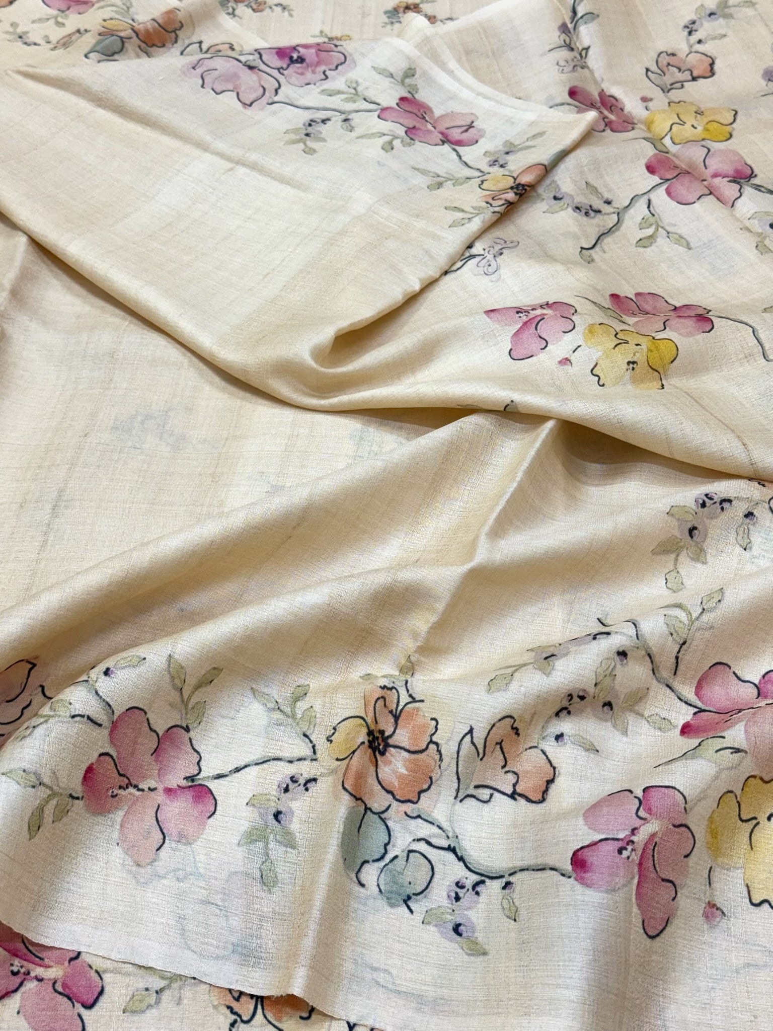Ivory Pure Tussar Silk Handloom Printed Banarasi Saree - Soft Lightweight Banarasi Saree