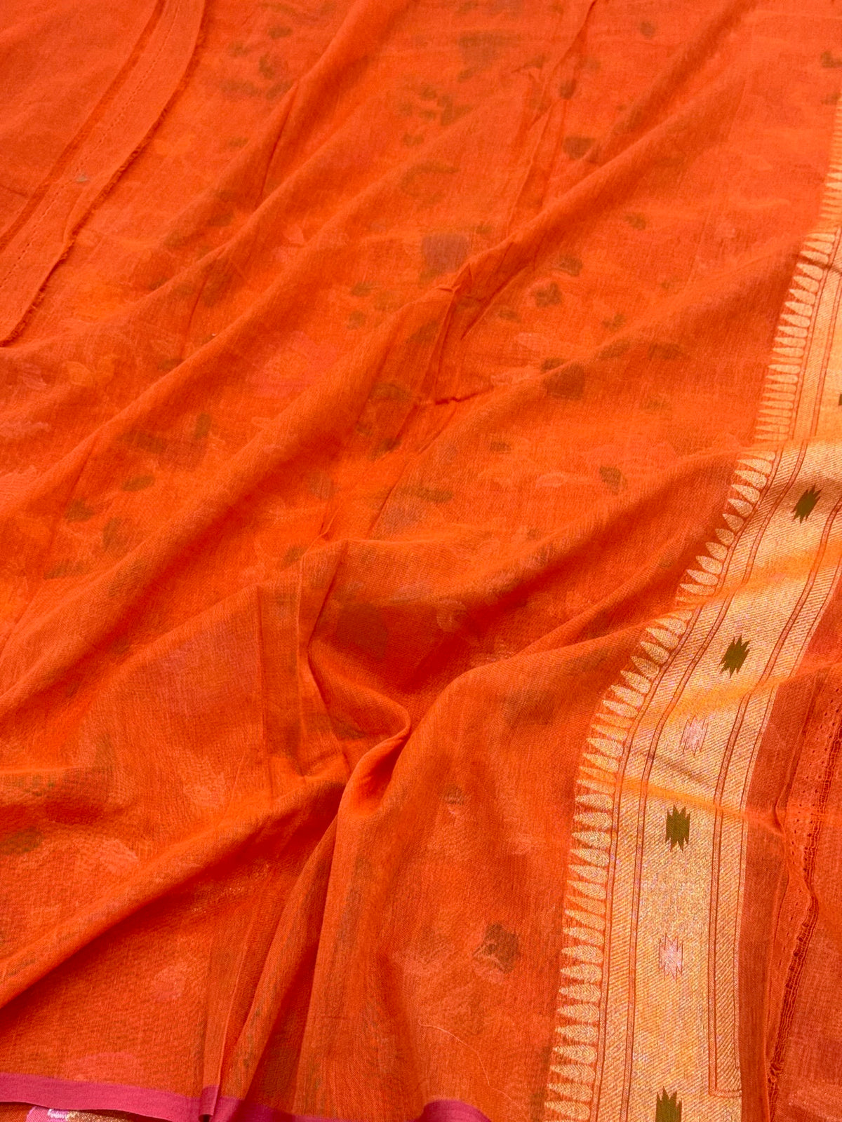 Orange Pure Muslin Cotton Jamdani Handloom Banarasi Saree with Ektara Weave