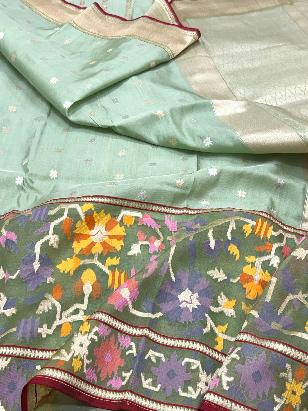 Light Sea Green Pure Mulberry Katan Silk Banarasi Saree - Kadhwa Weave | Kora Silk Skirt Border