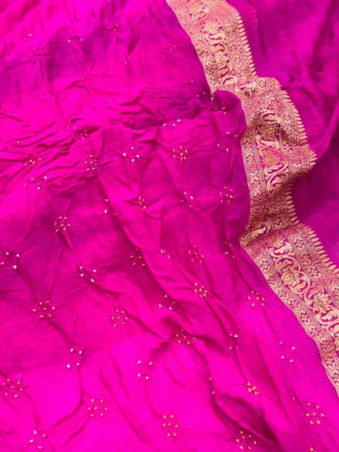 Rani Pink Pure Chiffon Georgette Soft Drape Lightweight Bandhej Saree | Handloom Banarasi Saree