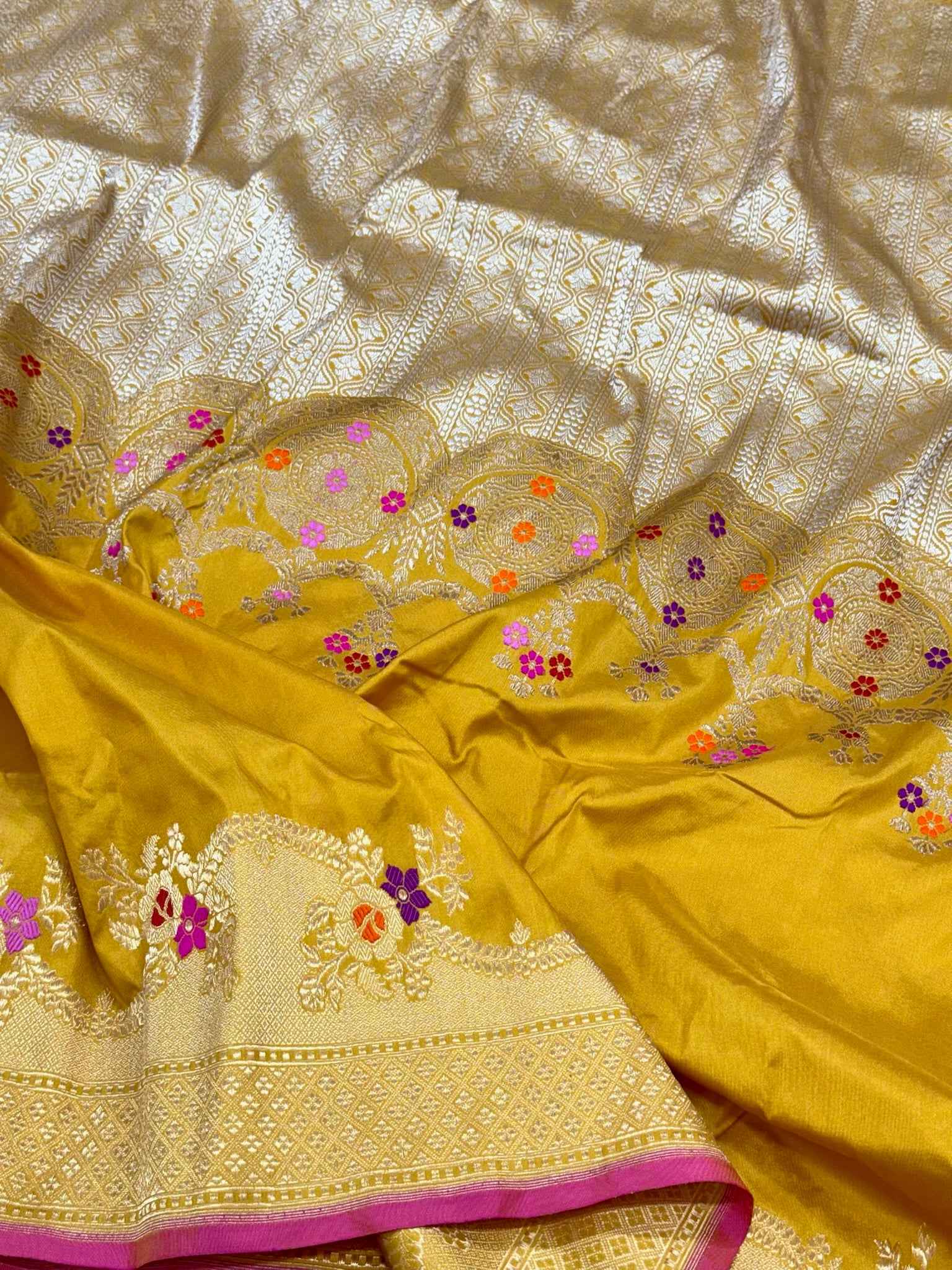 Mustard Yellow Pure Mulberry Katan Silk Handwoven Banarasi Saree - Authentic Kadhwa Technique Banarasi BrocadeSaree