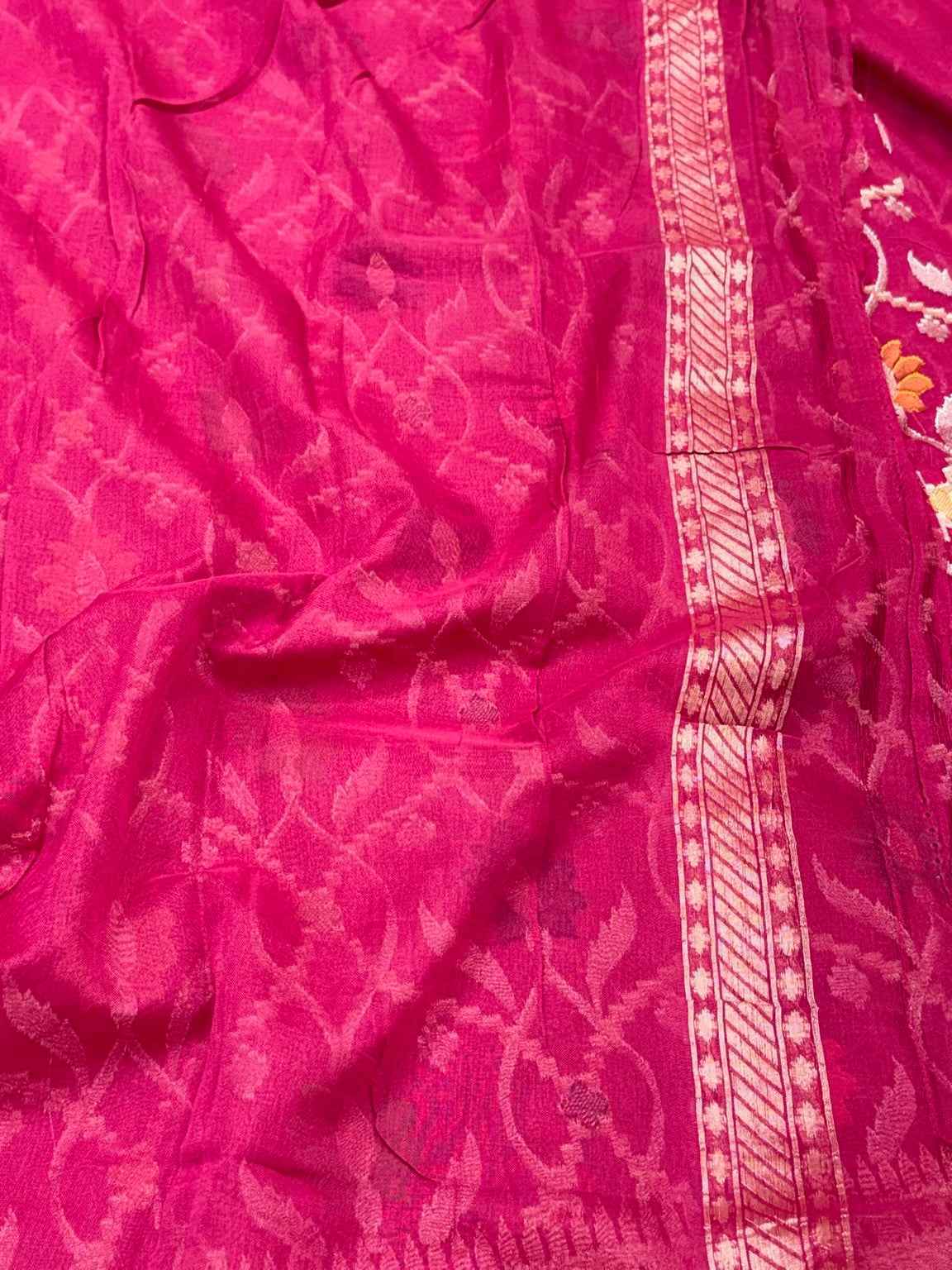 Raspberry Pink Pure Muslin Cotton Jamdani - Ektara Weave Handloom Modern Banarasi Saree
