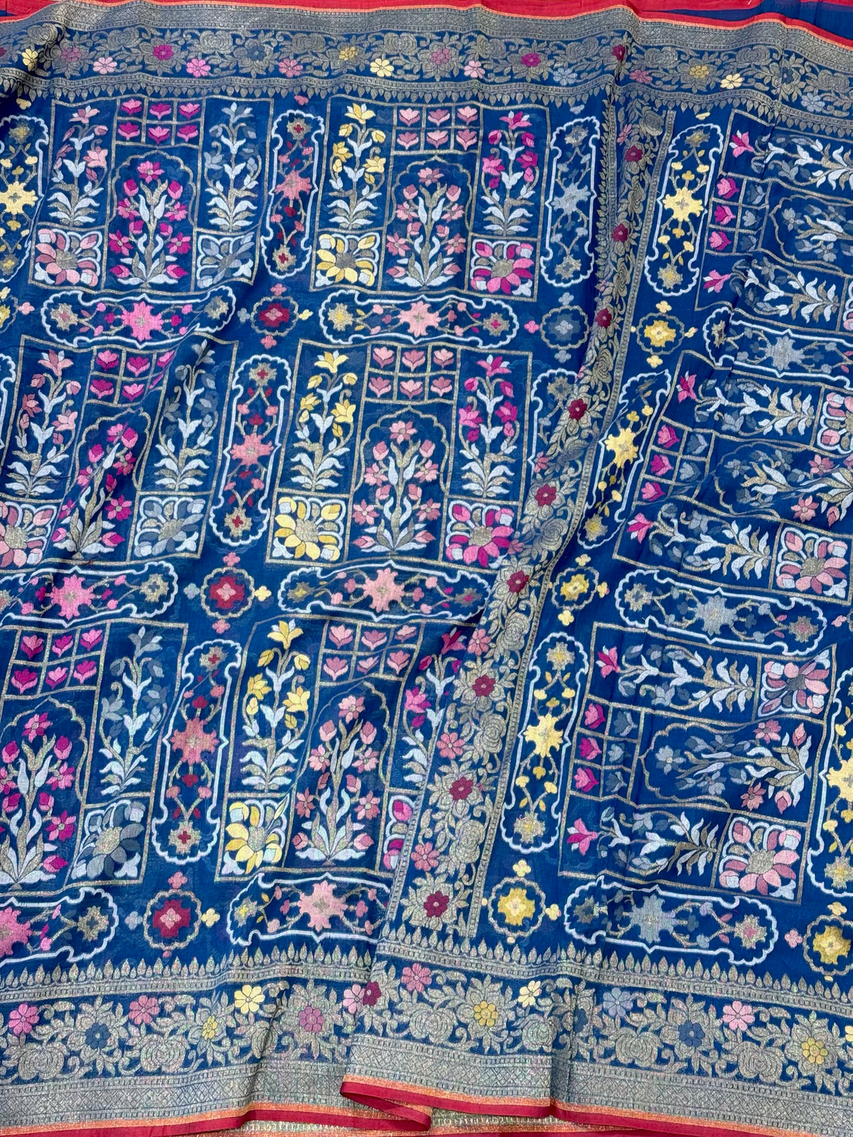Blue Pure Muslin Cotton Jamdani Handloom Banarasi Ektara Weave Saree - Exclusive Modern Design