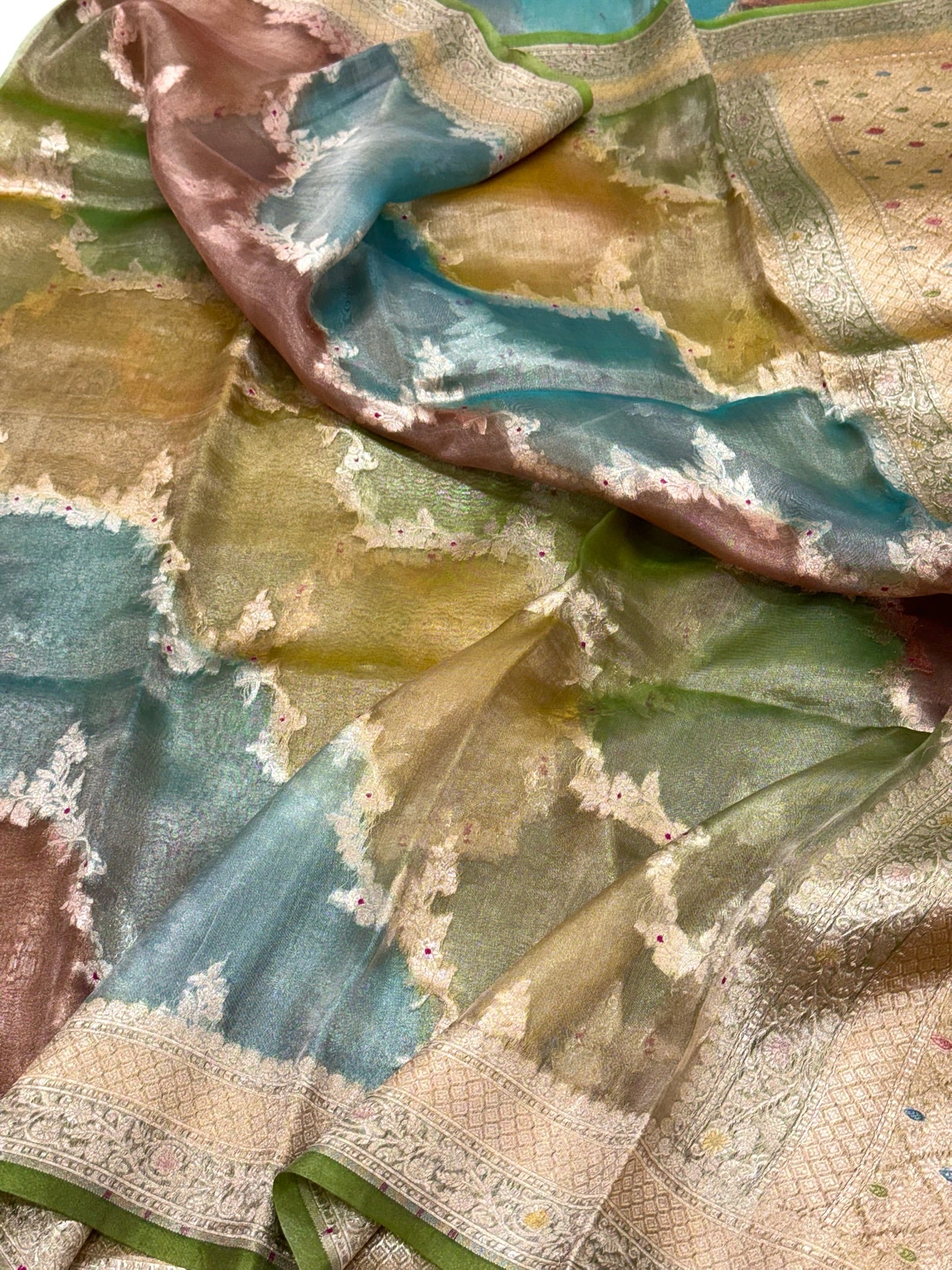 Olive Green Pure Mulberry Tissue Silk Handloom Banarasi Saree |Ektara Weave|