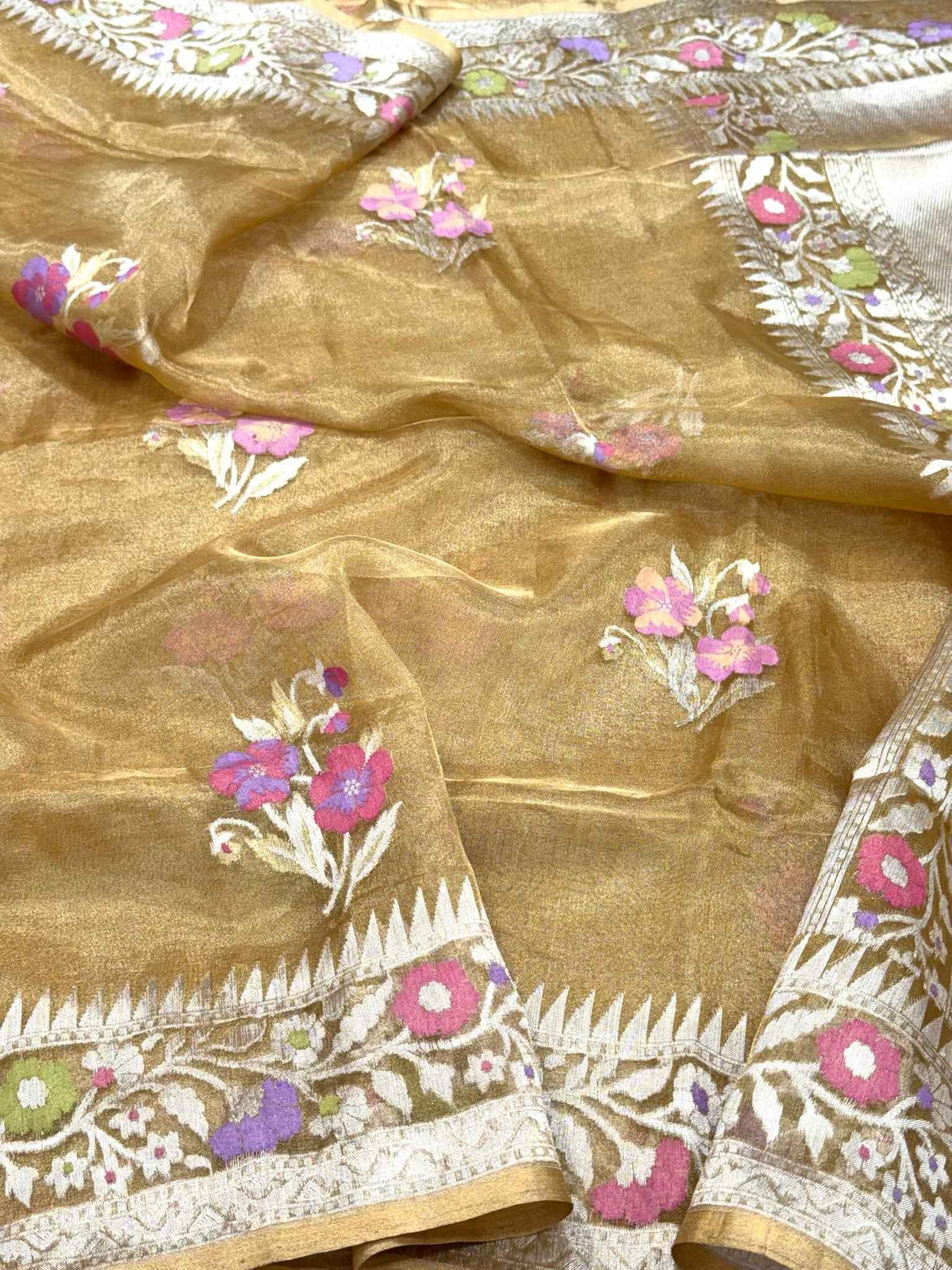 Molten Gold Pure Tissue Silk Jamdani | Kadhwa Ektara Weave | Handwoven Banarasi Saree - Soft Drape Lightweight Saree