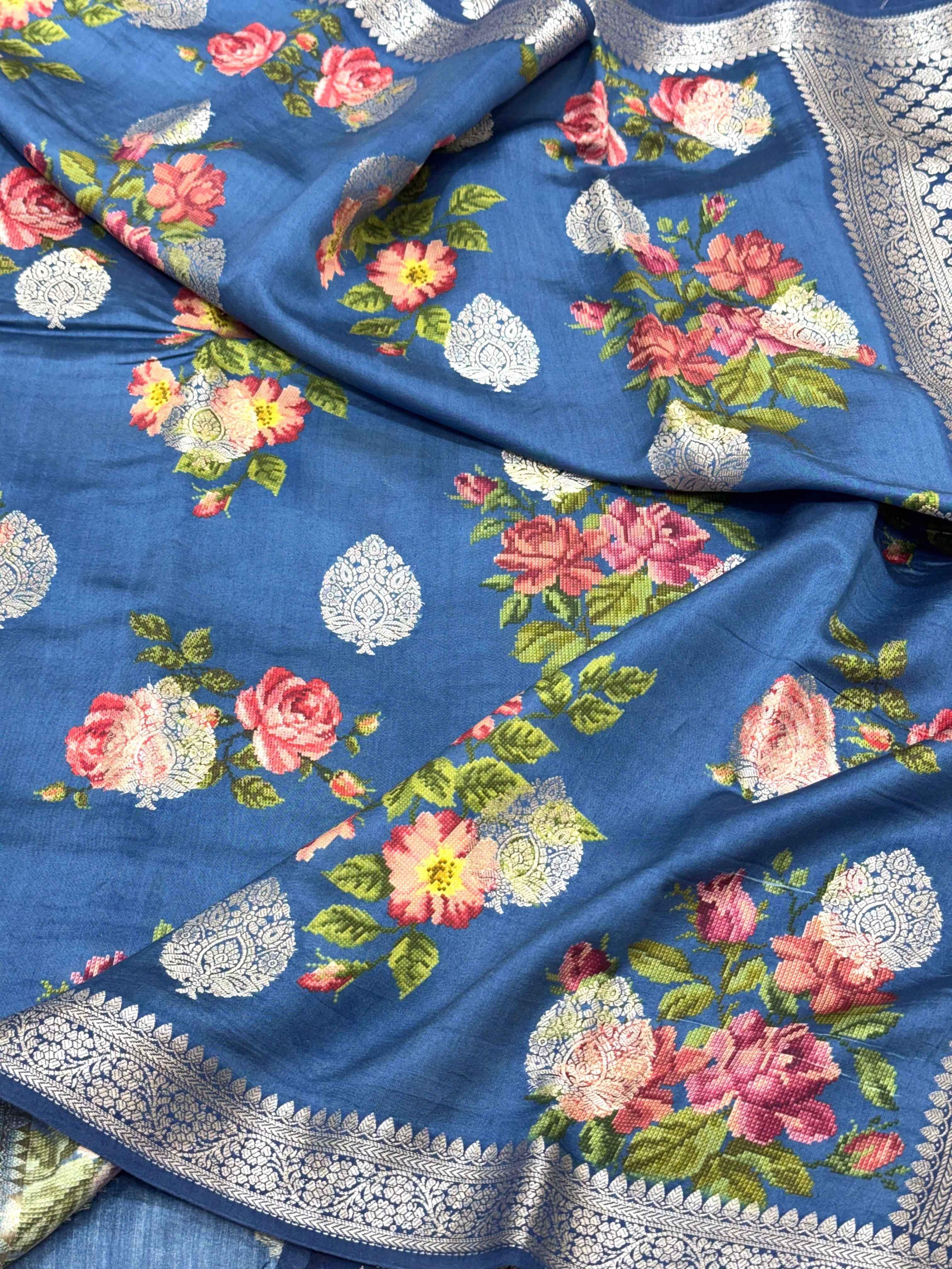 Matte Blue Pure Mulberry Chiniya Silk Lightweight Contemporary Saree