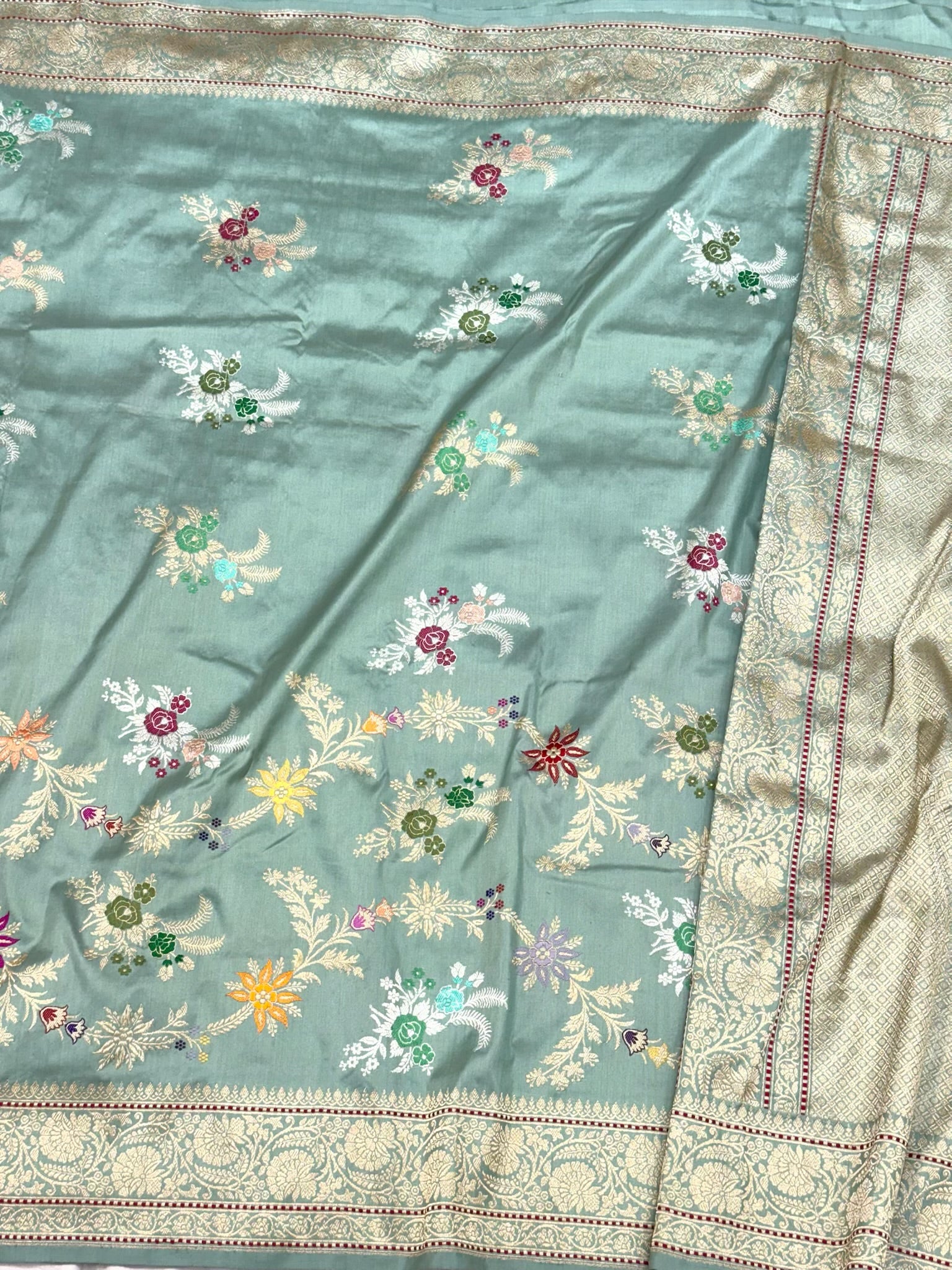 Dusty Sea Green Pure Double Katan Mulberry Silk | Kadhwa Technique | Handwoven Modern Authentic Banarasi Saree