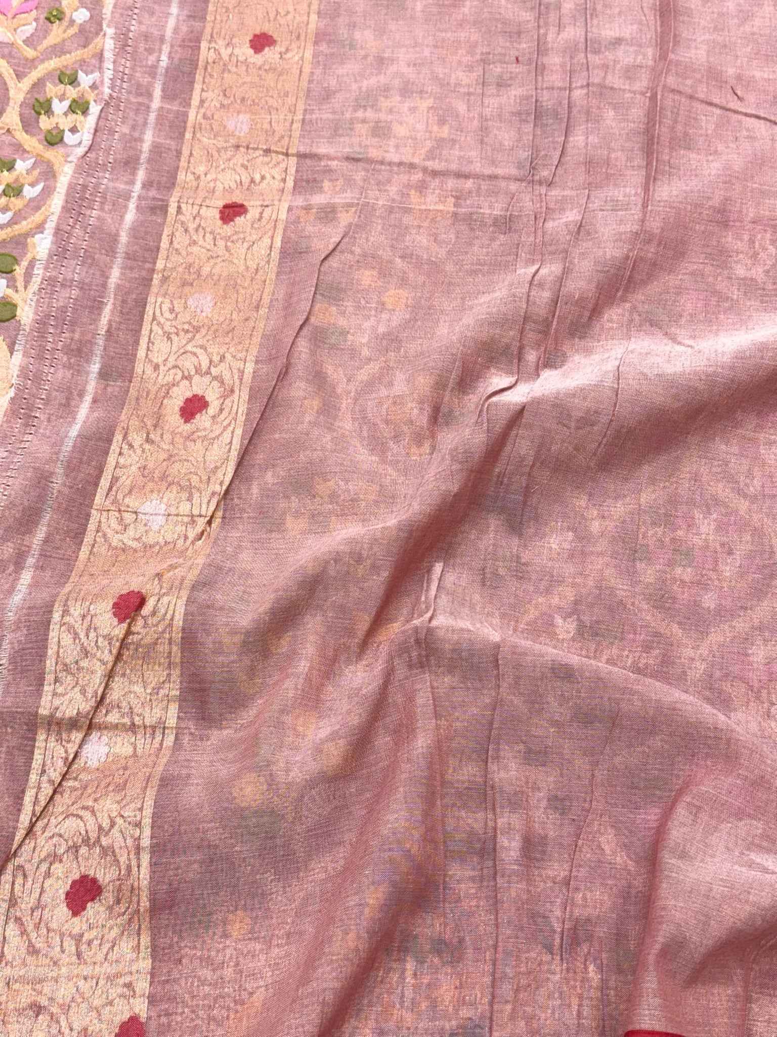 Mauve Pink Pure Muslin Cotton Jamdani Ektara Handloom Banarasi Saree
