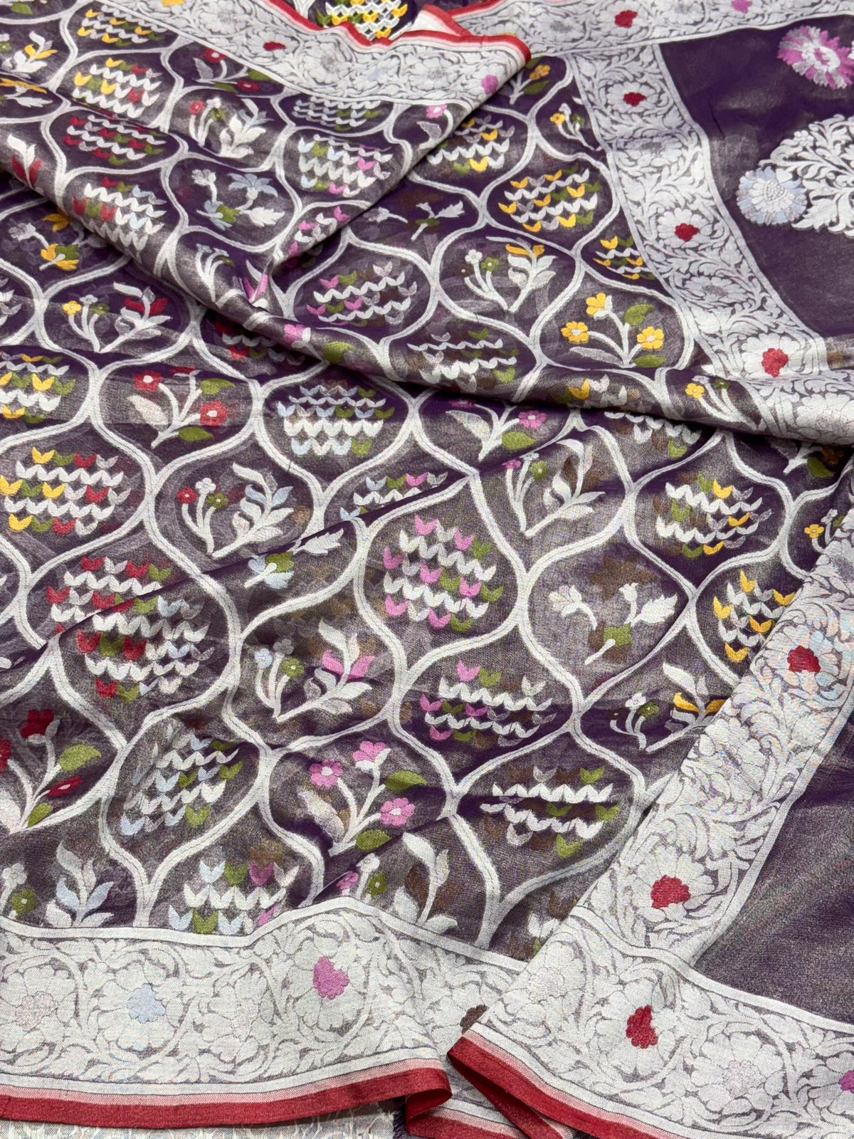 Dark Berry Purple Pure Muslin Cotton & Tissue Silk Jamdani | Ektara Weave | Handloom Banarasi Saree