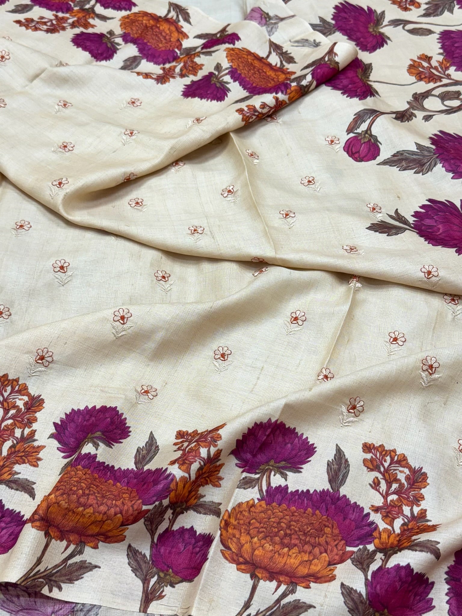 Ivory Pure Tussar Silk Handloom Printed with Embroidery Banarasi Saree - Soft Lightweight Banarasi Saree