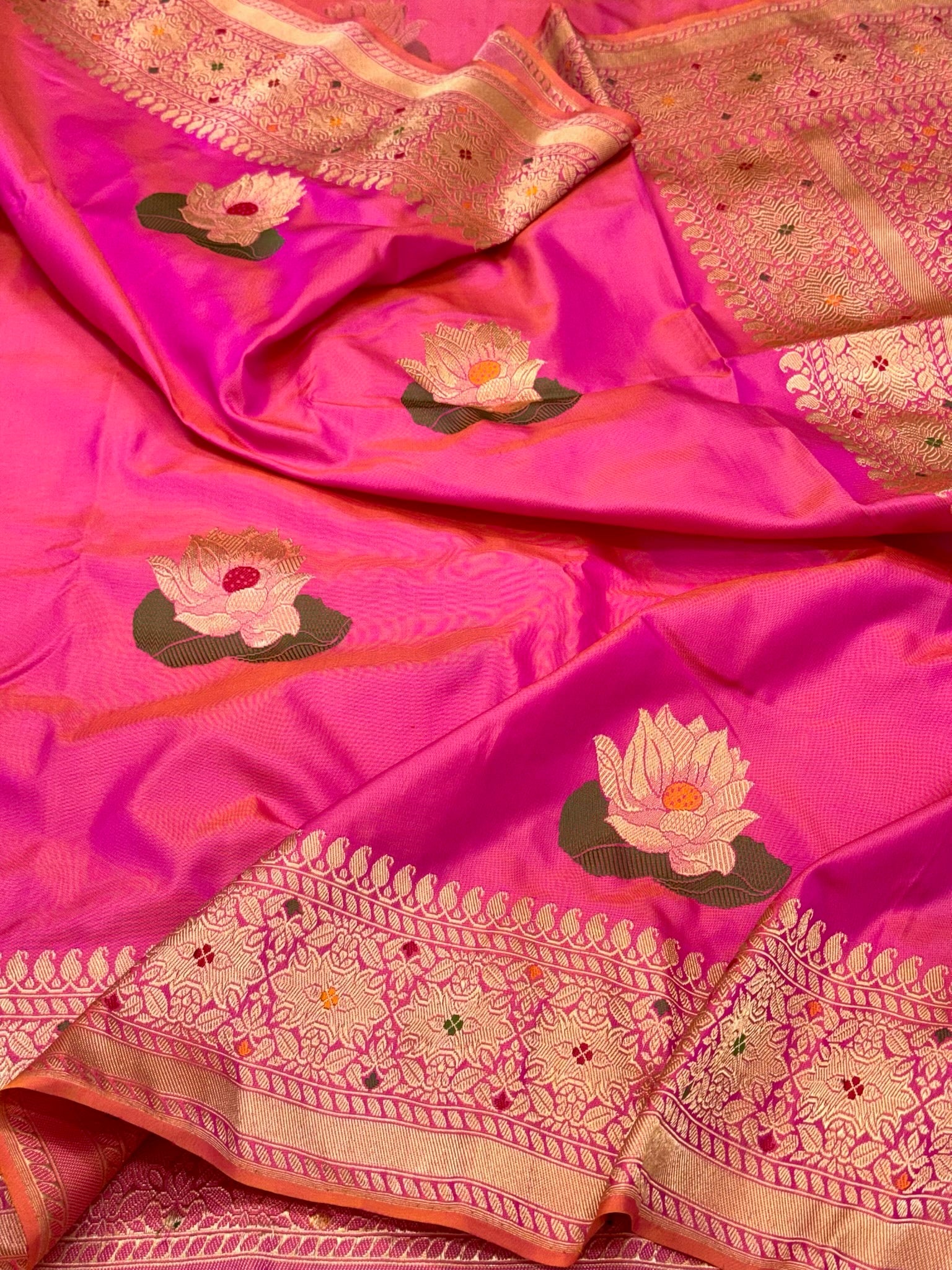 Bright Pink Pure Mulberry Silk Saree With Pure Katan Silk | Kadhwa Technique | Handwoven Authentic Ektara Banarasi Saree