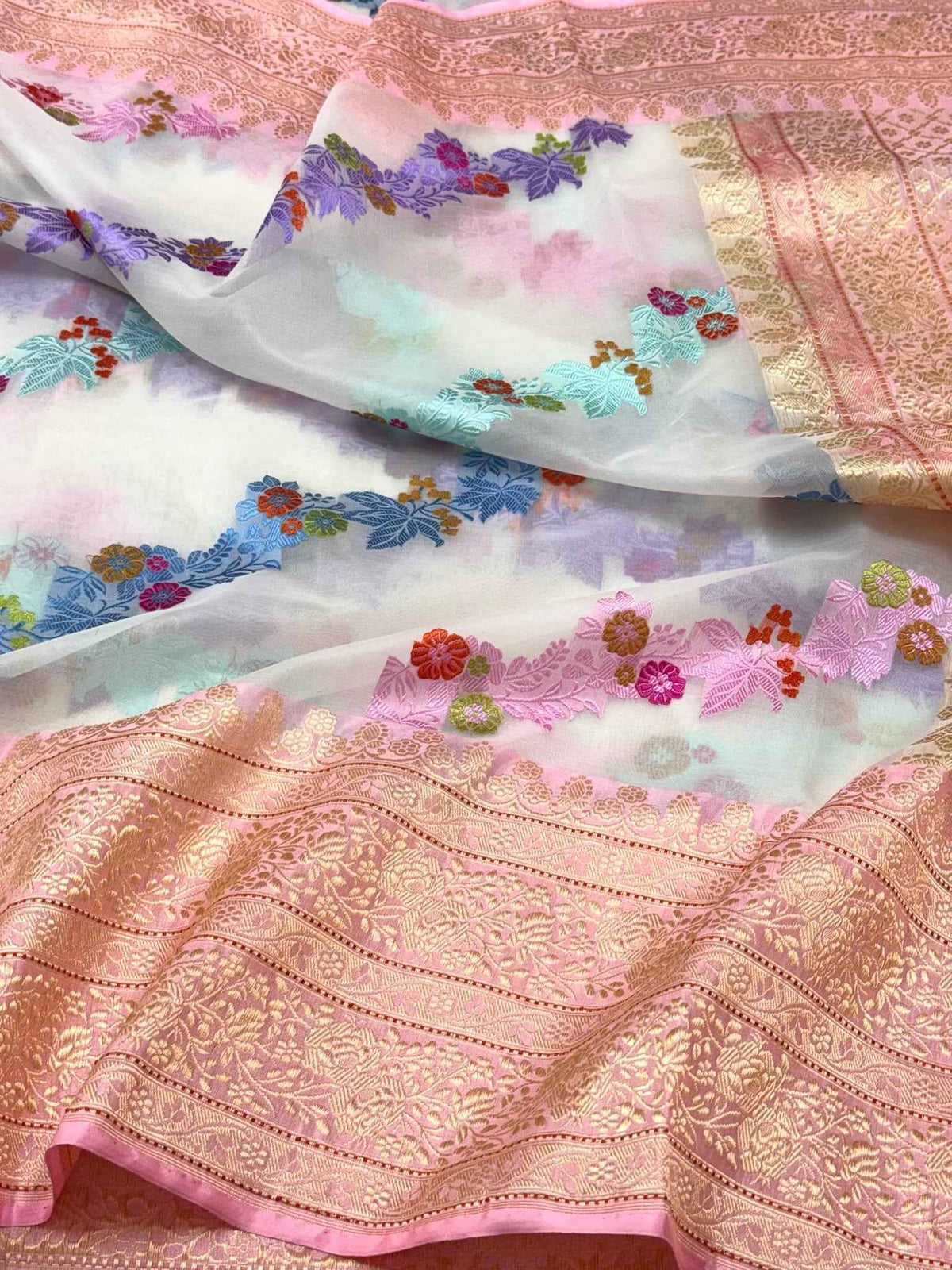 Pearl White/Candy Pink Pure Mulberry Kora Organza Silk Handwoven - Kadhwa Technique Elegant Modern Banarasi Saree | Effortless Drape