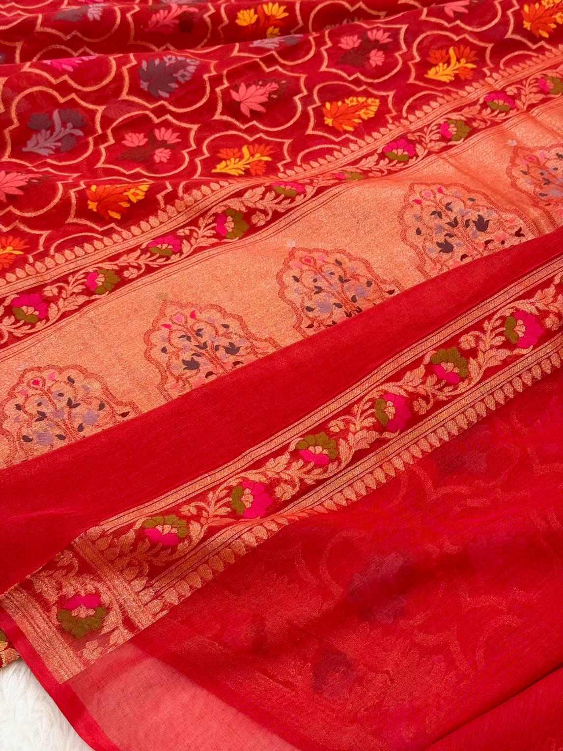 Red Pure Muslin Cotton Jamdani Handloom Banarasi Saree |Ektara Weave|