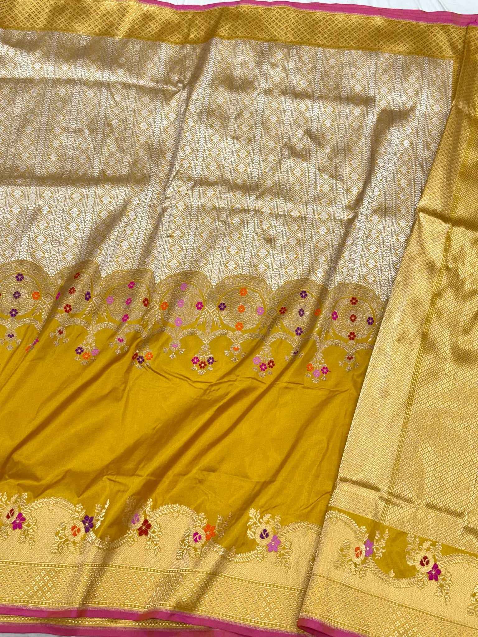 Mustard Yellow Pure Mulberry Katan Silk Handwoven Banarasi Saree - Authentic Kadhwa Technique Banarasi BrocadeSaree