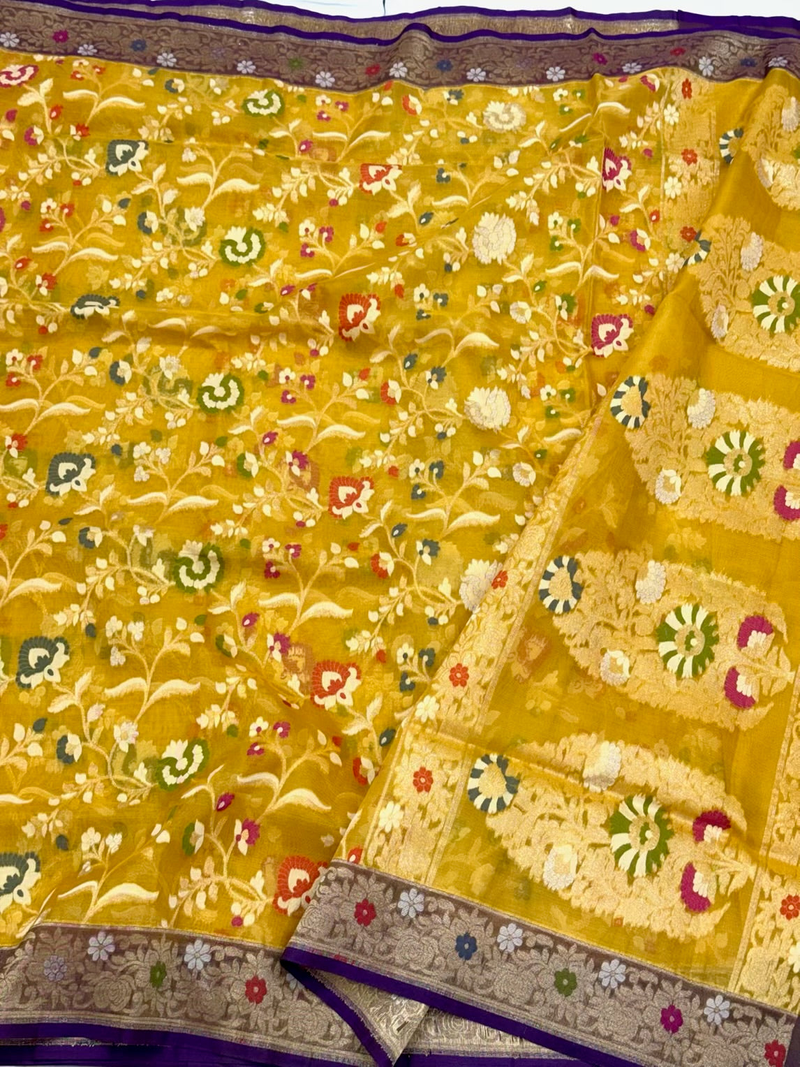 Mustard Yellow Pure Soft Kora Ektara Silk Banarasi Handloom Saree - Lightweight Soft Drape