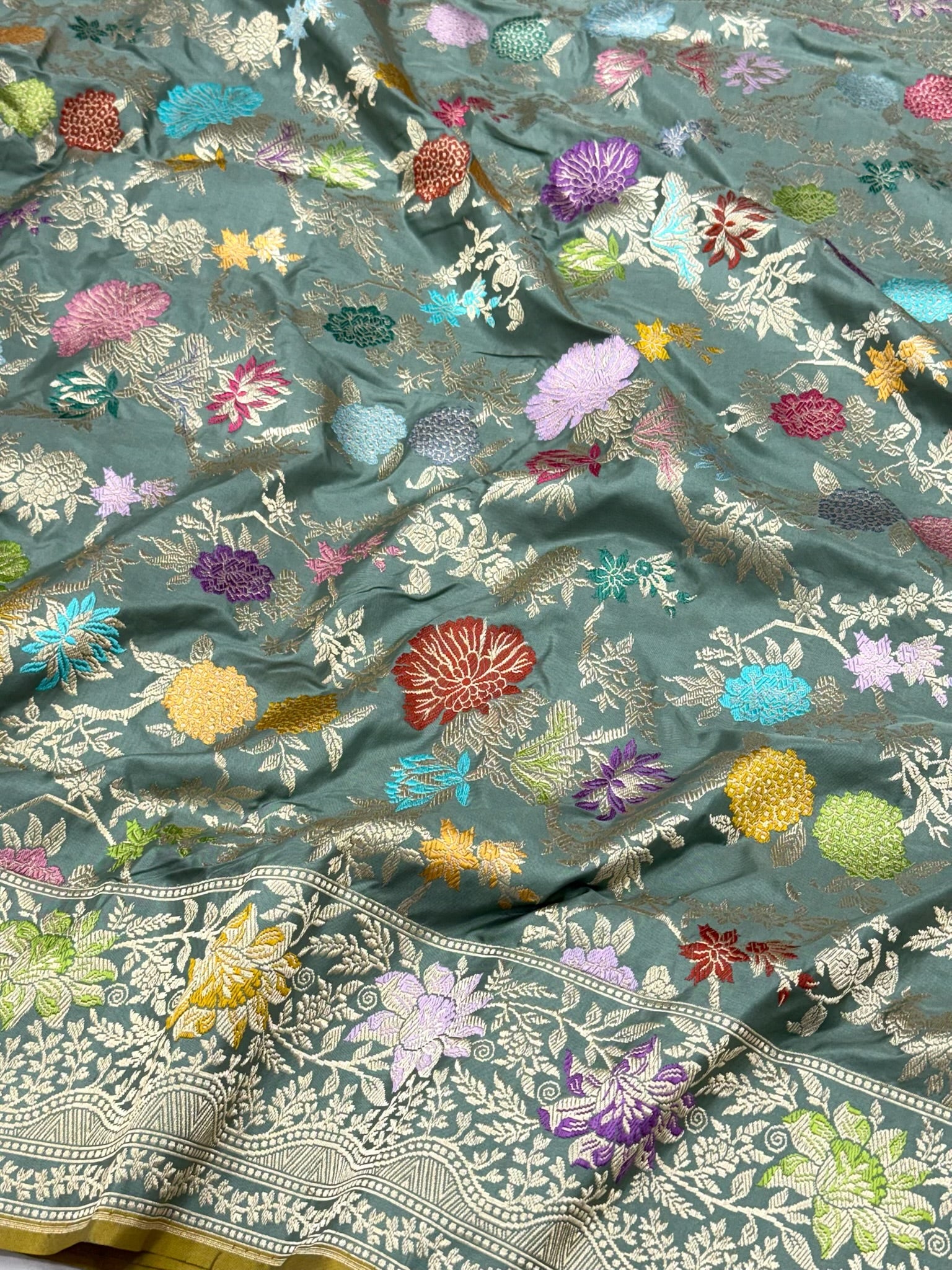 Dusty Sea Green Exclusive Premium Banarasi Luxury Saree | Pure Double Katan Mulberry Silk - Kadhwa Technique ( Handwoven ) Banarasi Saree