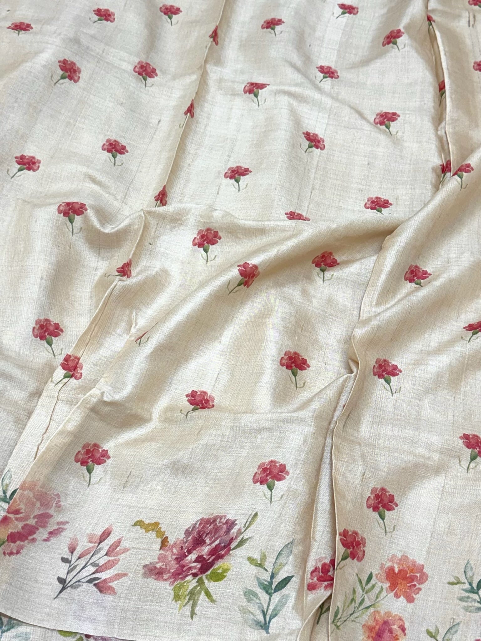 Ivory Pure Tussar Silk Handloom Printed with Embroidery Banarasi Saree - Heritage In A New Light
