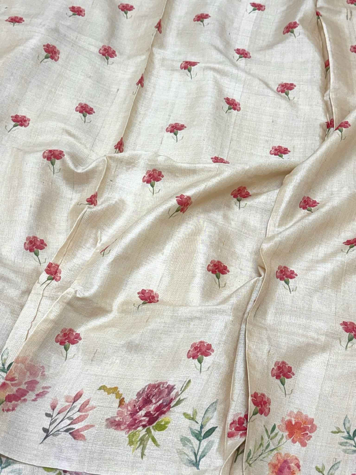 Ivory Pure Tussar Silk Handloom Printed with Embroidery Banarasi Saree - Heritage In A New Light