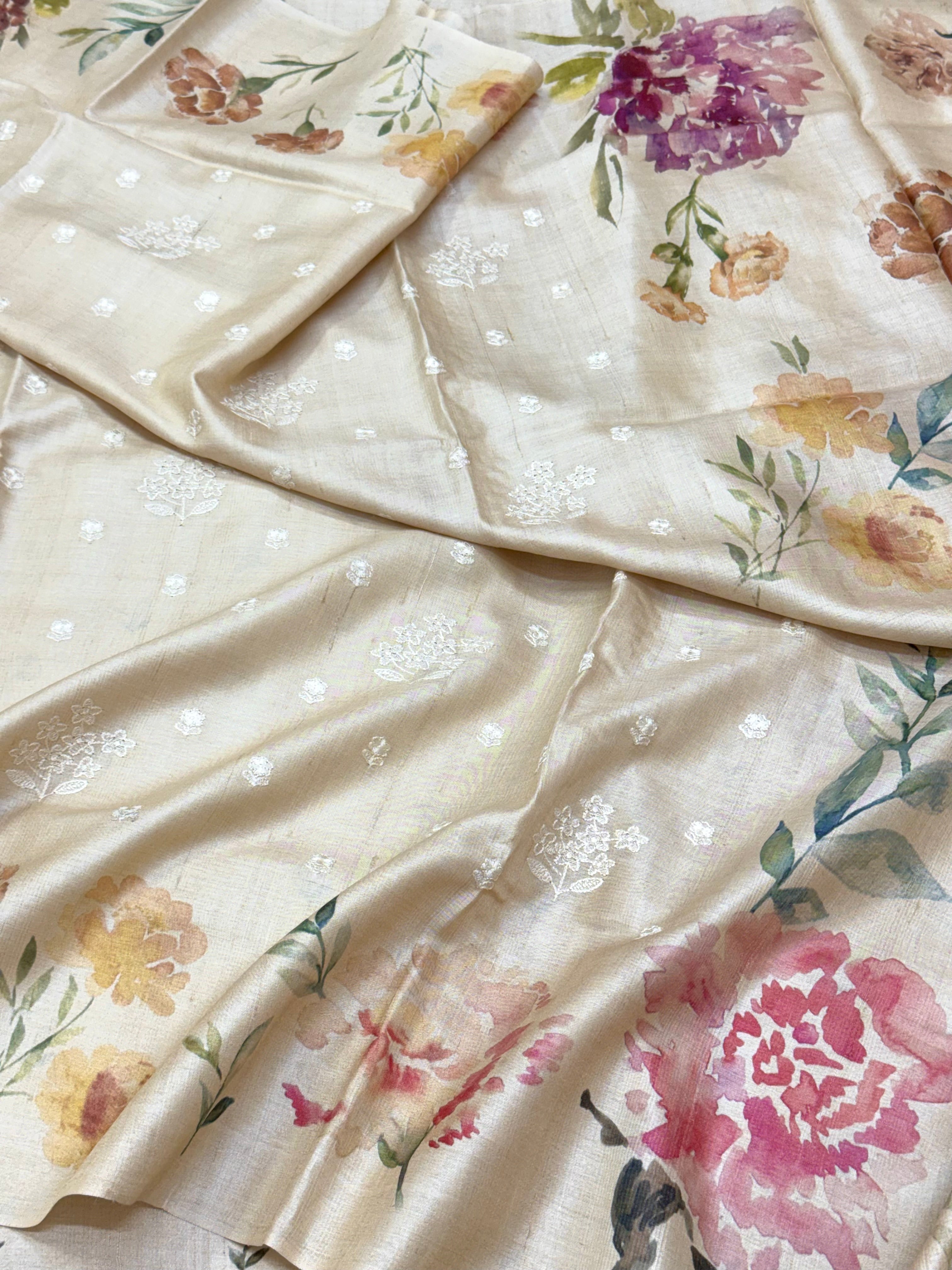 Ivory Pure Tussar Silk Handloom Printed with Embroidery Banarasi Saree - Soft Lightweight Banarasi Saree