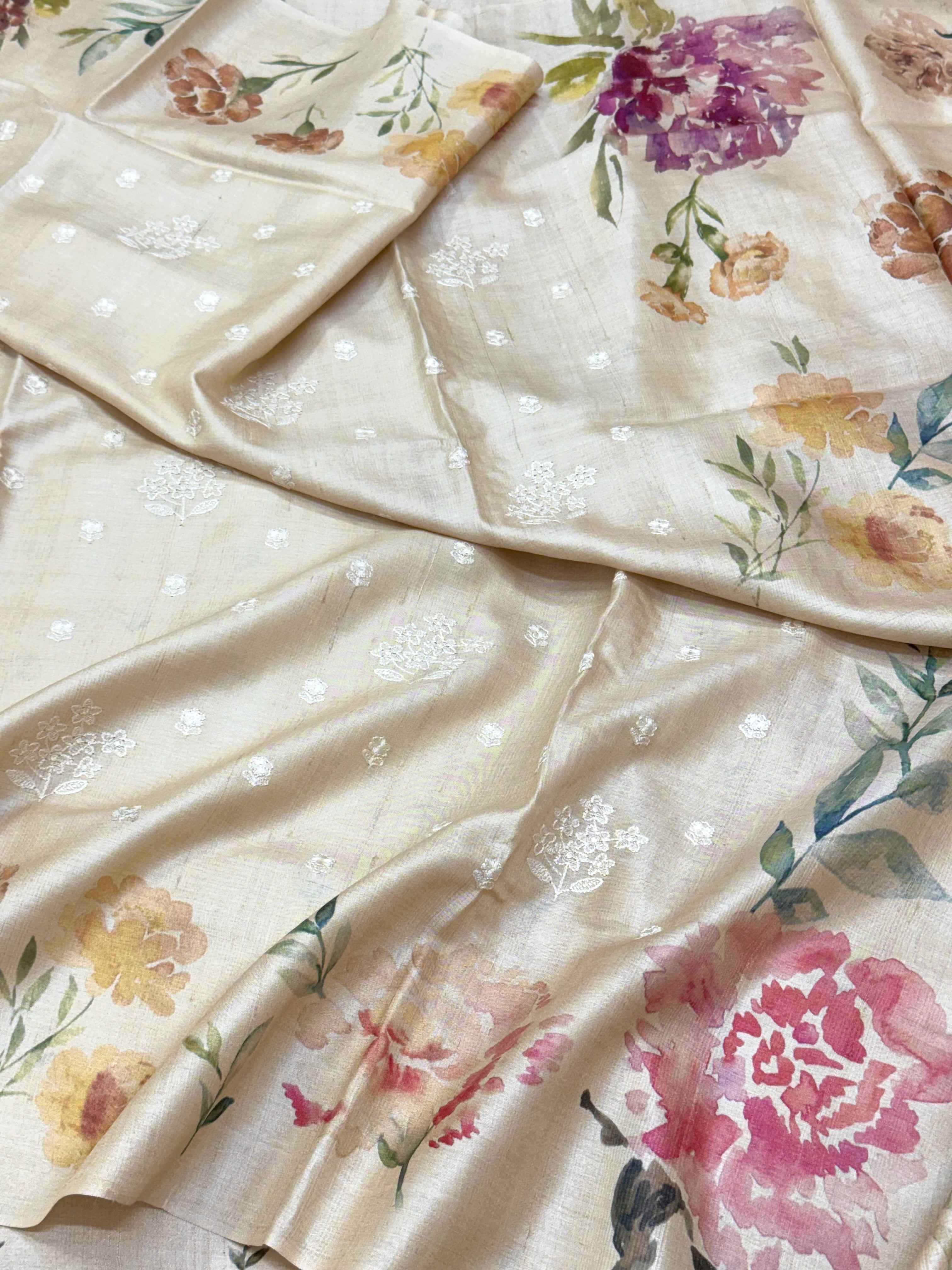 Ivory Pure Tussar Silk Handloom Printed with Embroidery Banarasi Saree - Soft Lightweight Banarasi Saree