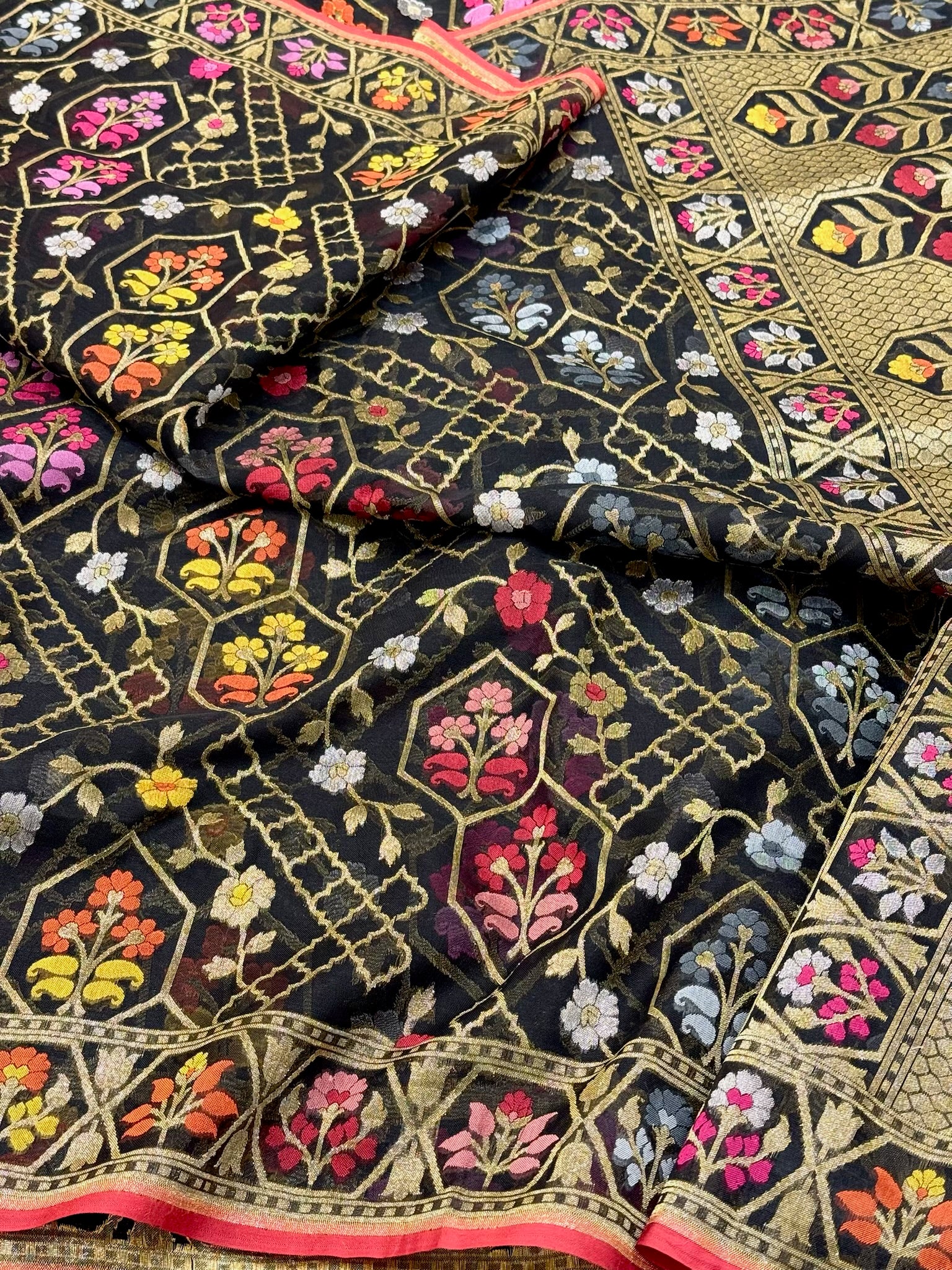 Black Pure Kora Organza Silk Jamdani Ektara Weave Handloom Banarasi Saree