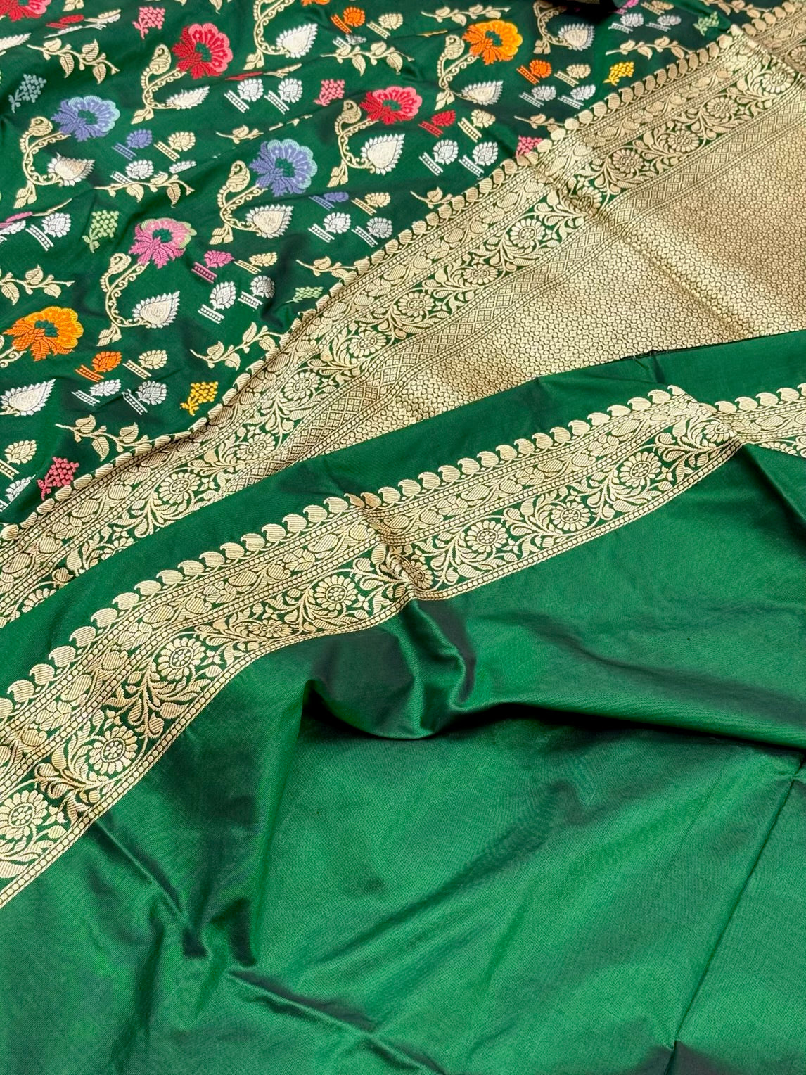 Bottle Green Pure Mulberry Katan Silk Handwoven Banarasi Saree