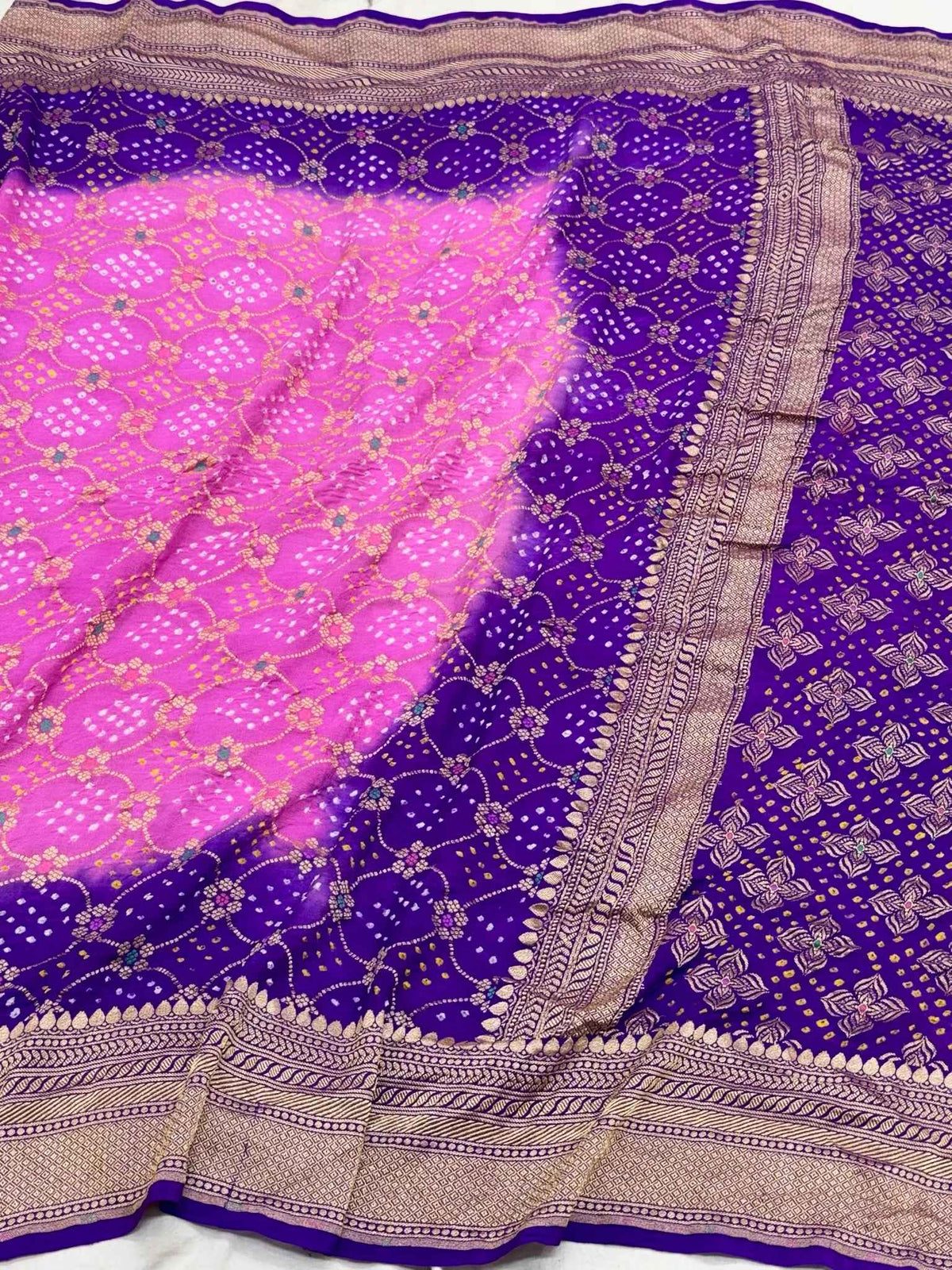 Purple/Pink Pure Chiffone Georgette Handloom Bandhej Banarasi Saree - Lightweight Soft Saree