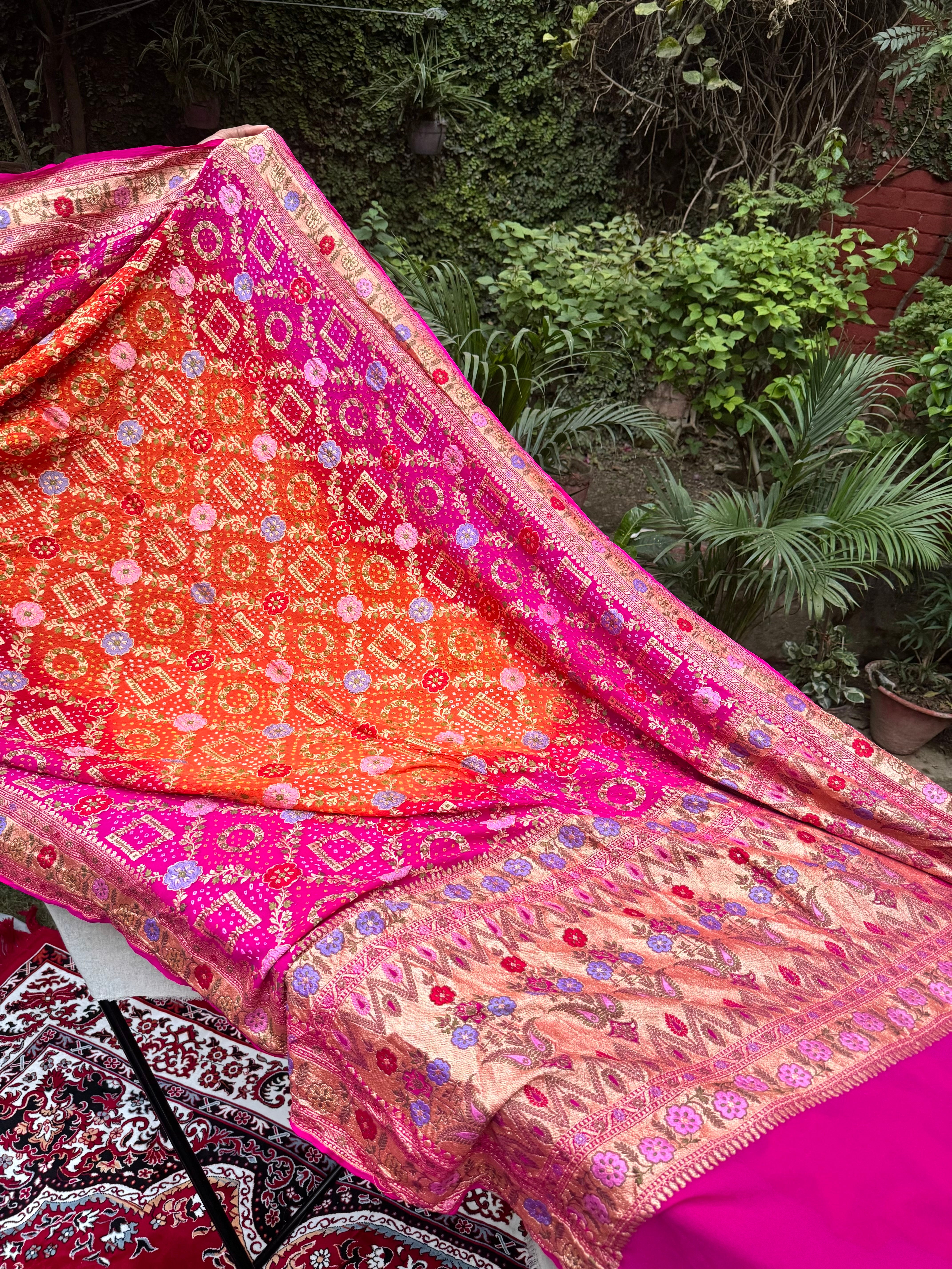 Orange Pure Chiffon Khaddi Georgette Handloom Banarasi Saree |Bandhej|