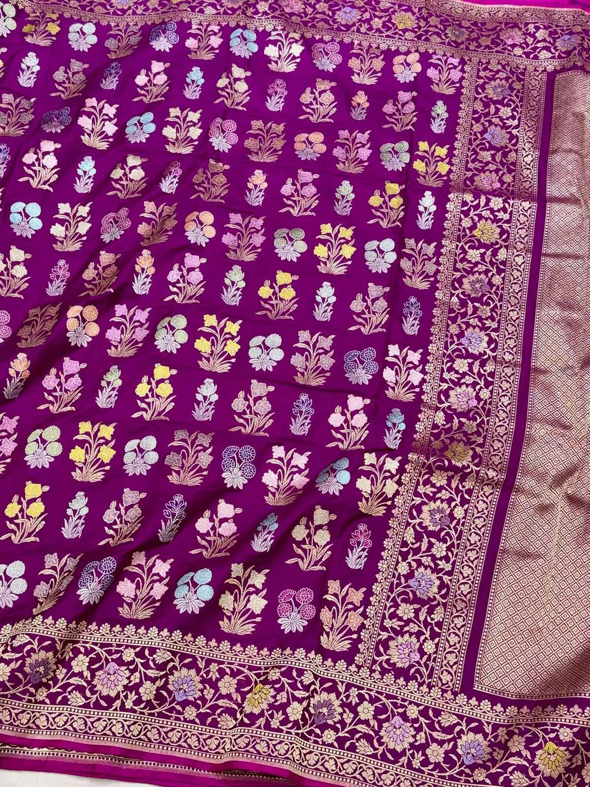 Purple Banarasi Pure Double Katan Mulberry Silk Handwoven Modern Saree | Kadhwa Technique