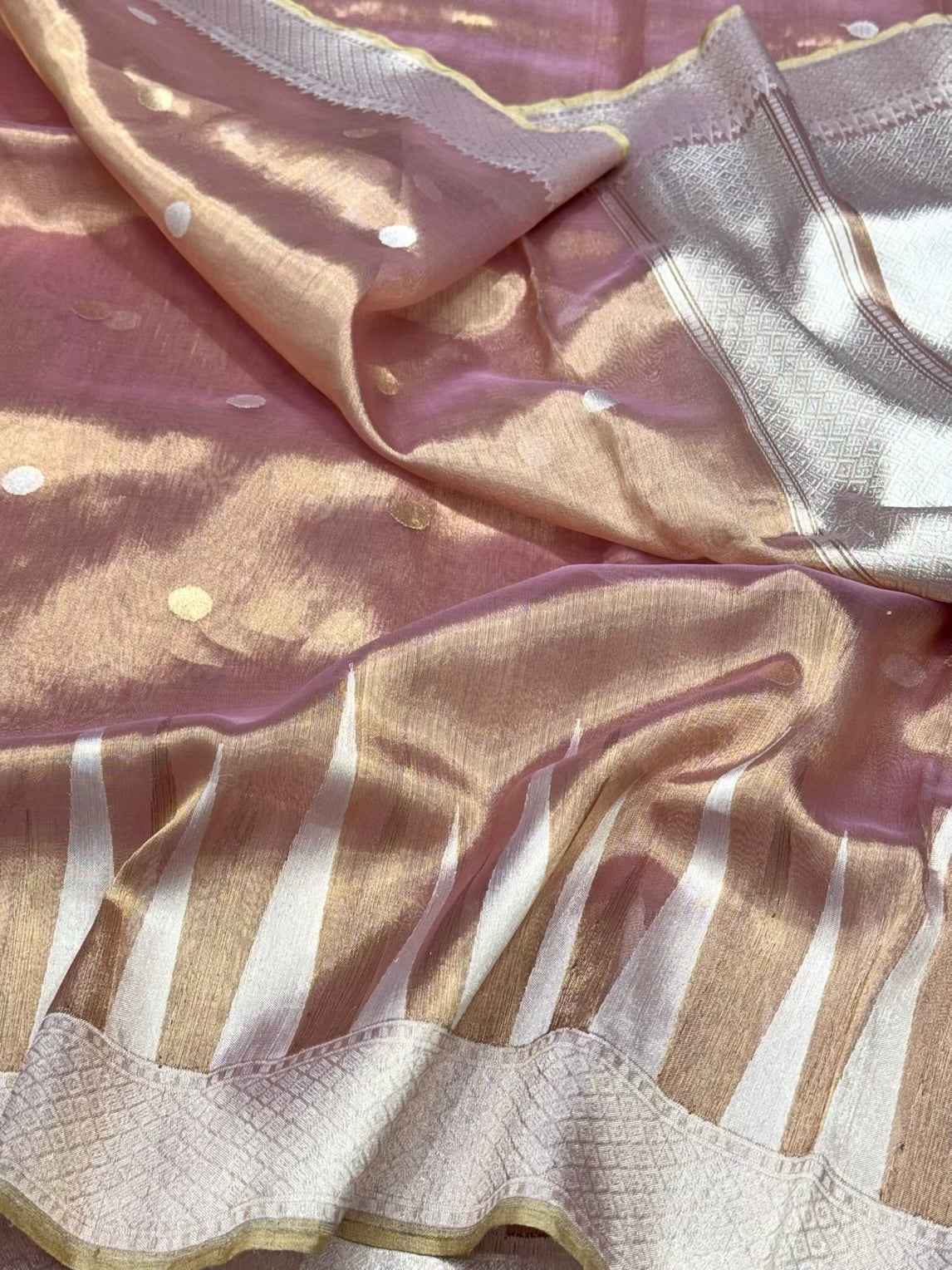 Dusty Rose Gold Pure Tissue Silk Saree - Kadhwa Tecnique | Pure Kora Silk Handwoven Banarsi Saree