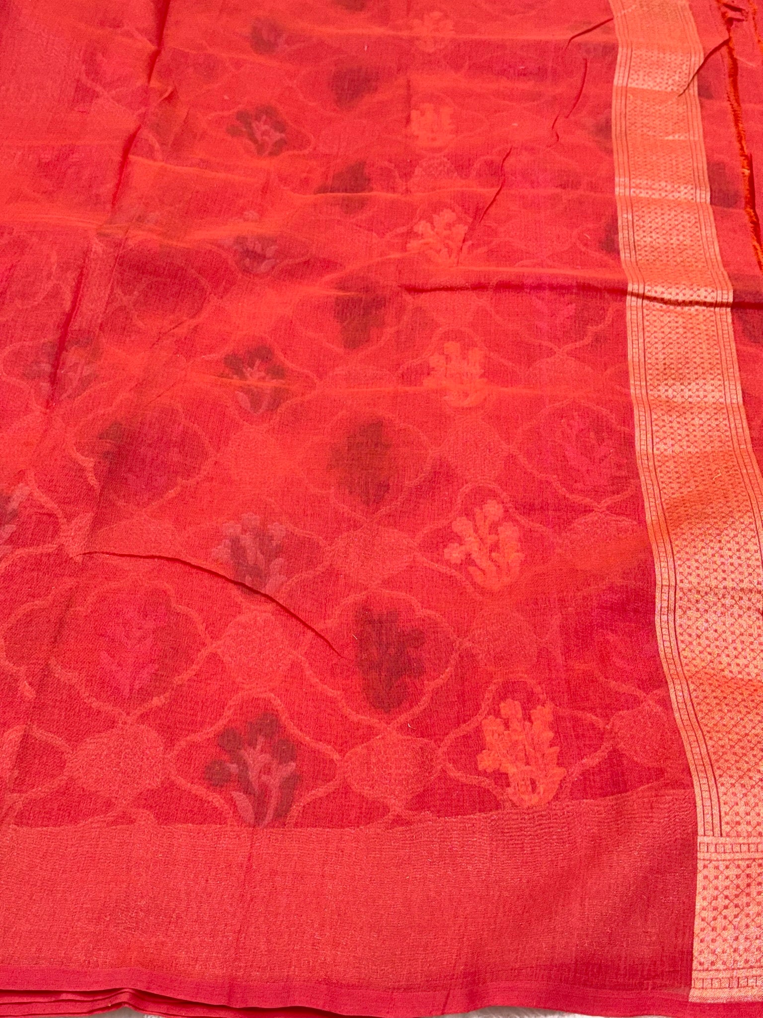 Reddish Orange Pure Muslin Cotton Jamdani Ektara Weave Handloom Banarasi Saree