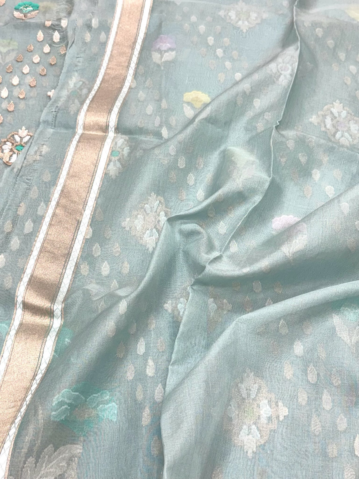 Dusty Sea Blue Pure Mulberry Kora ( Organza ) Silk Ektara Jamdani Handloom Contemporary Banarasi Lightweight Saree