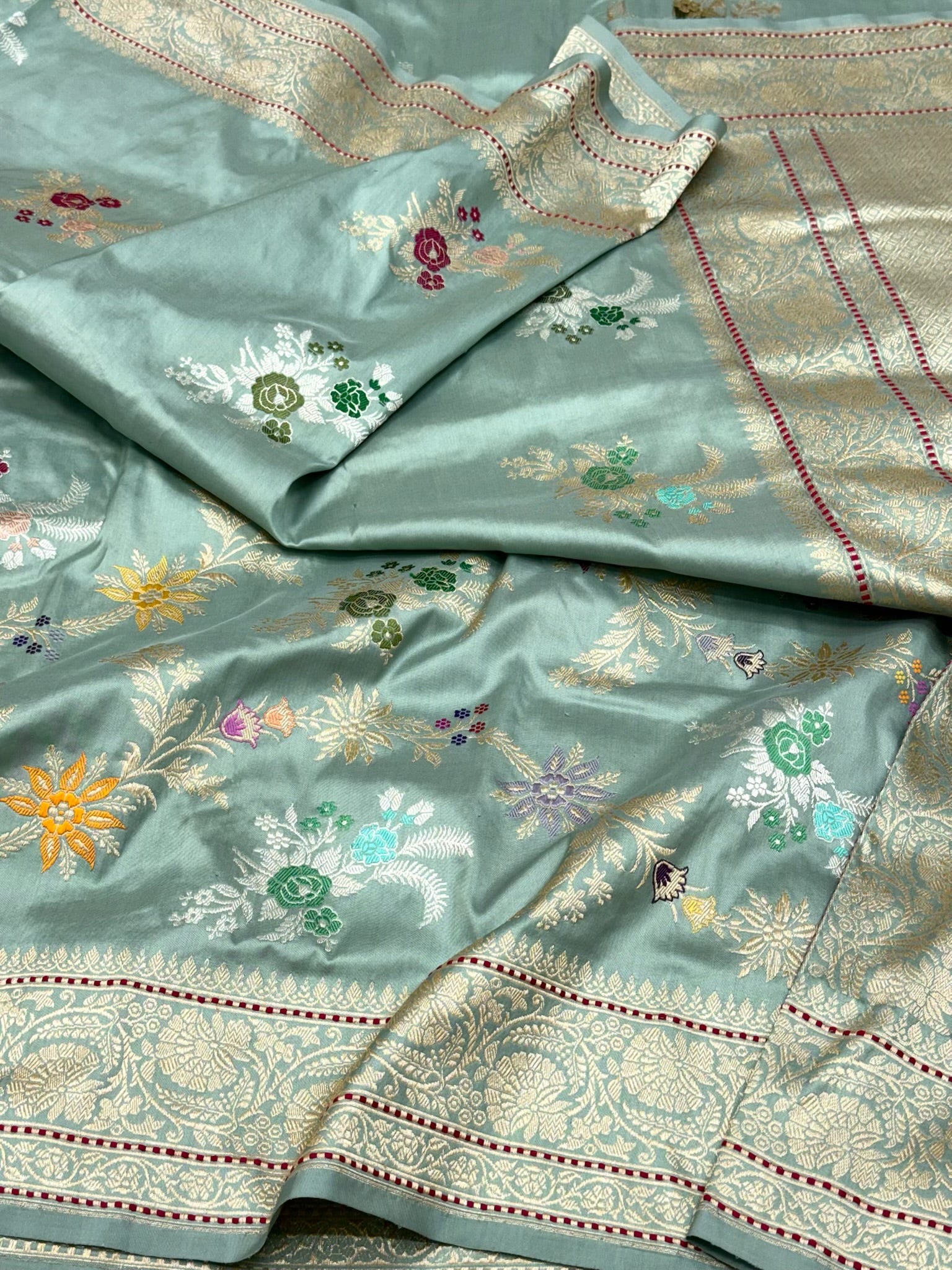 Dusty Sea Green Pure Double Katan Mulberry Silk | Kadhwa Technique | Handwoven Modern Authentic Banarasi Saree
