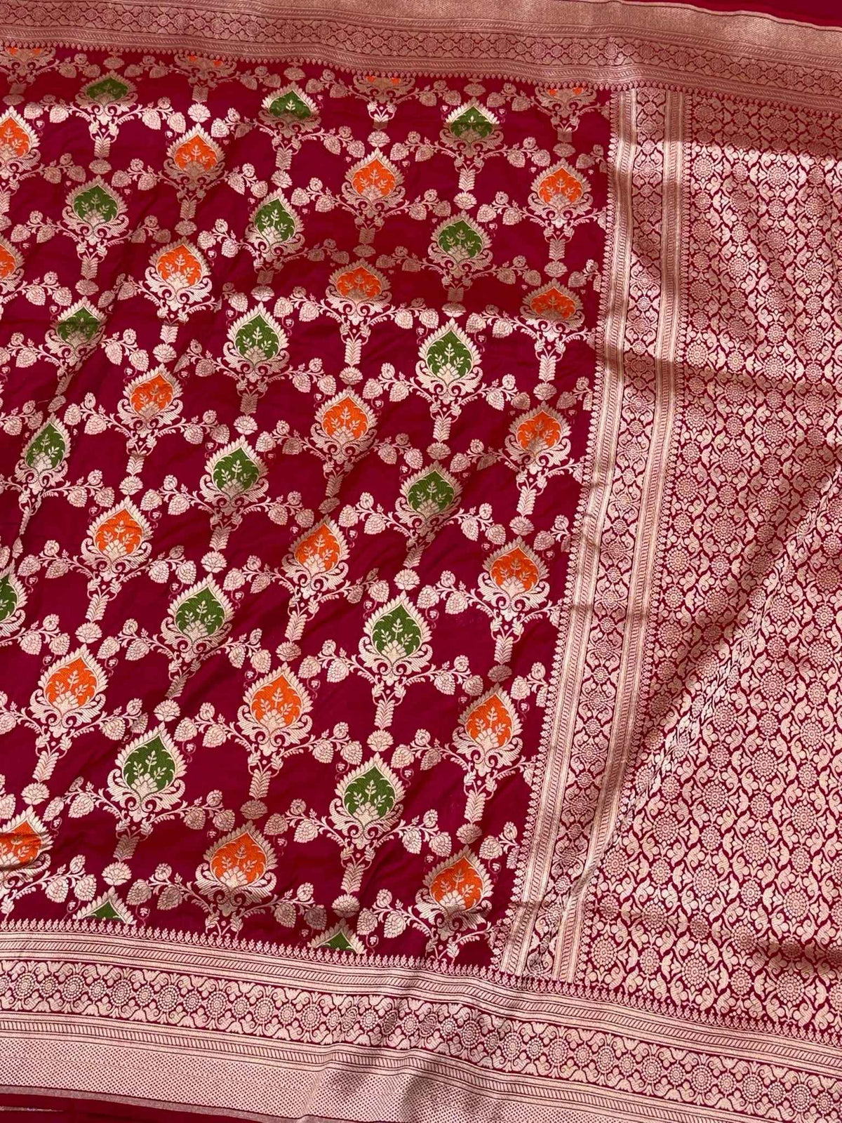 Red Pure Katan Mulberry Silk Handloom Banarasi Meenakari Saree - Modern Jaal