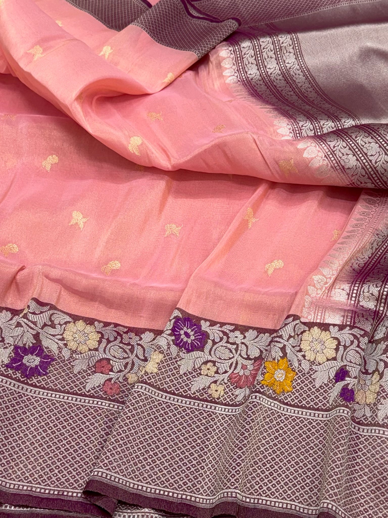 Peach Pure Kora Tissue Silk Handwoven Banarasi Saree - Kadhwa Technique | The Couture Drape
