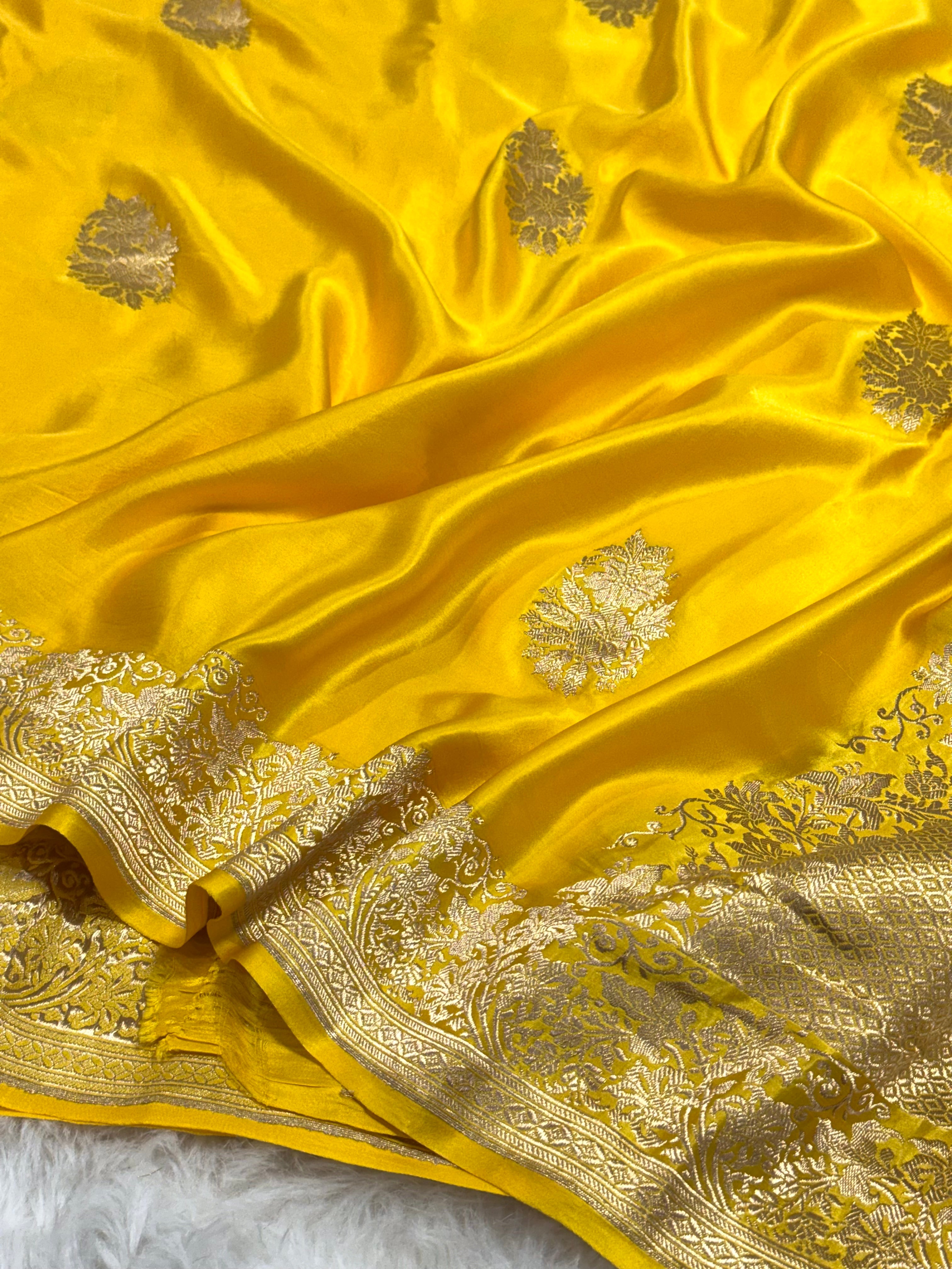 Lemon Yellow Pure Mashru Satin Silk Handwoven Banarasi Saree |Kadhuwa|