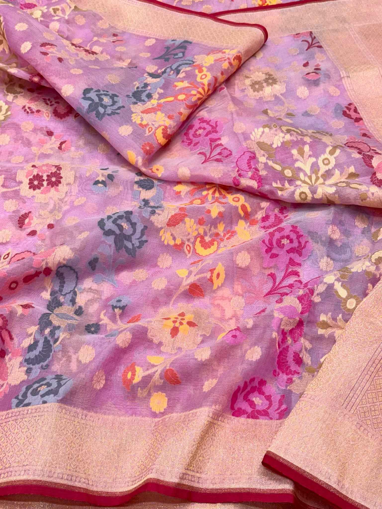 Rose Pink Pure Kora Silk Handloom Banarasi Saree with Ektara + Jamdani Weave
