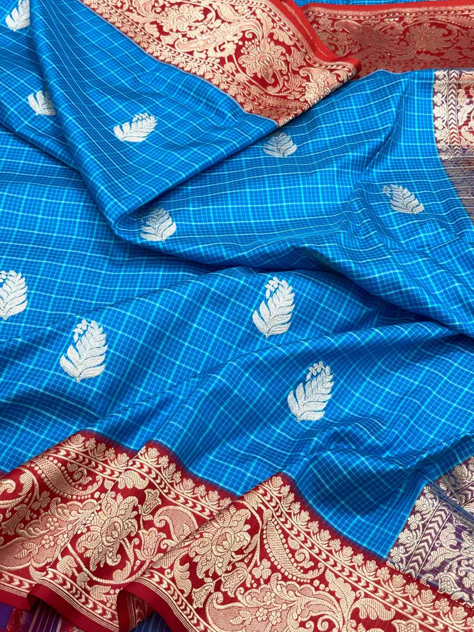 German Blue Handwoven Banarasi Checks Saree | Pure Mulberry Katan Silk - Contemporary Kadhwa Banarasi Saree