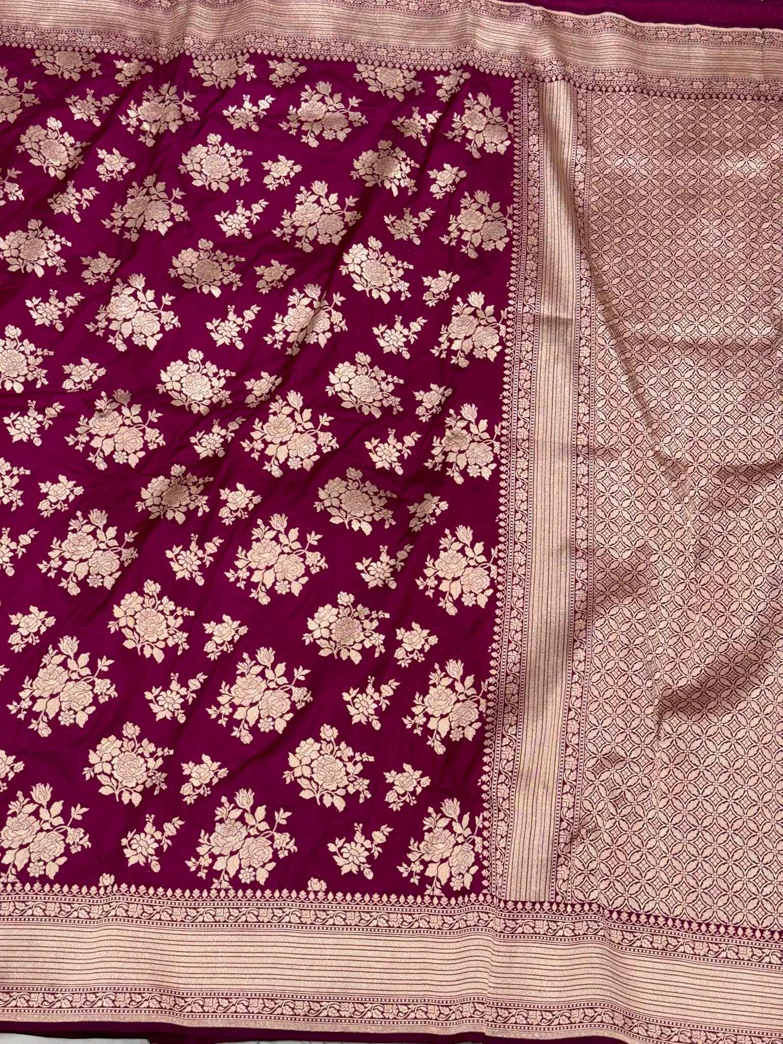 Wine Pure Mulberry Silk & Pure Katan Silk Handloom Banarasi Saree