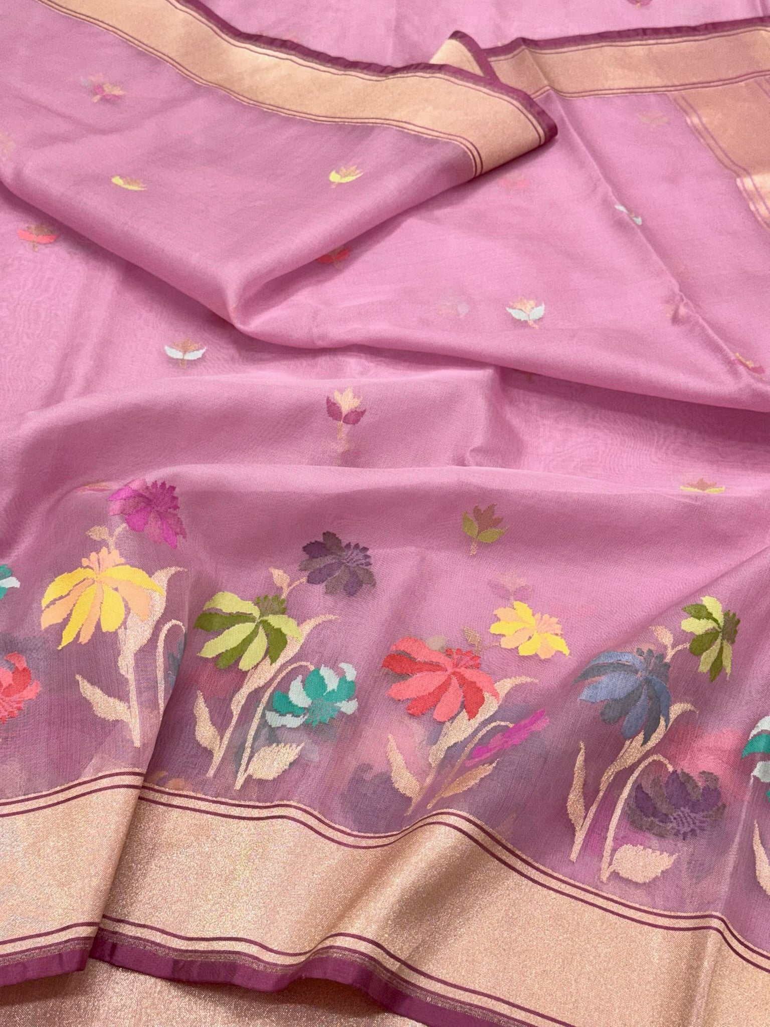Powder Pink Pure Kora Mulberry Silk Handwoven Banarasi Saree | Kadhwa Weave Lightweight Saree