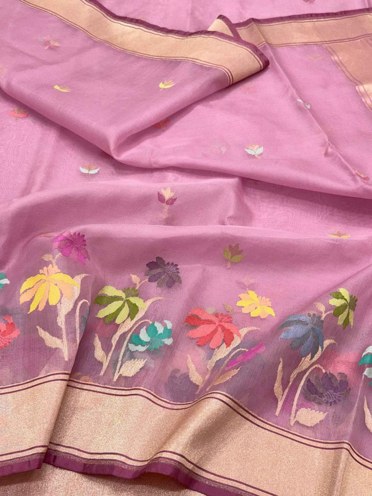Powder Pink Pure Kora Mulberry Silk Handwoven Banarasi Saree | Kadhwa Weave Lightweight Saree