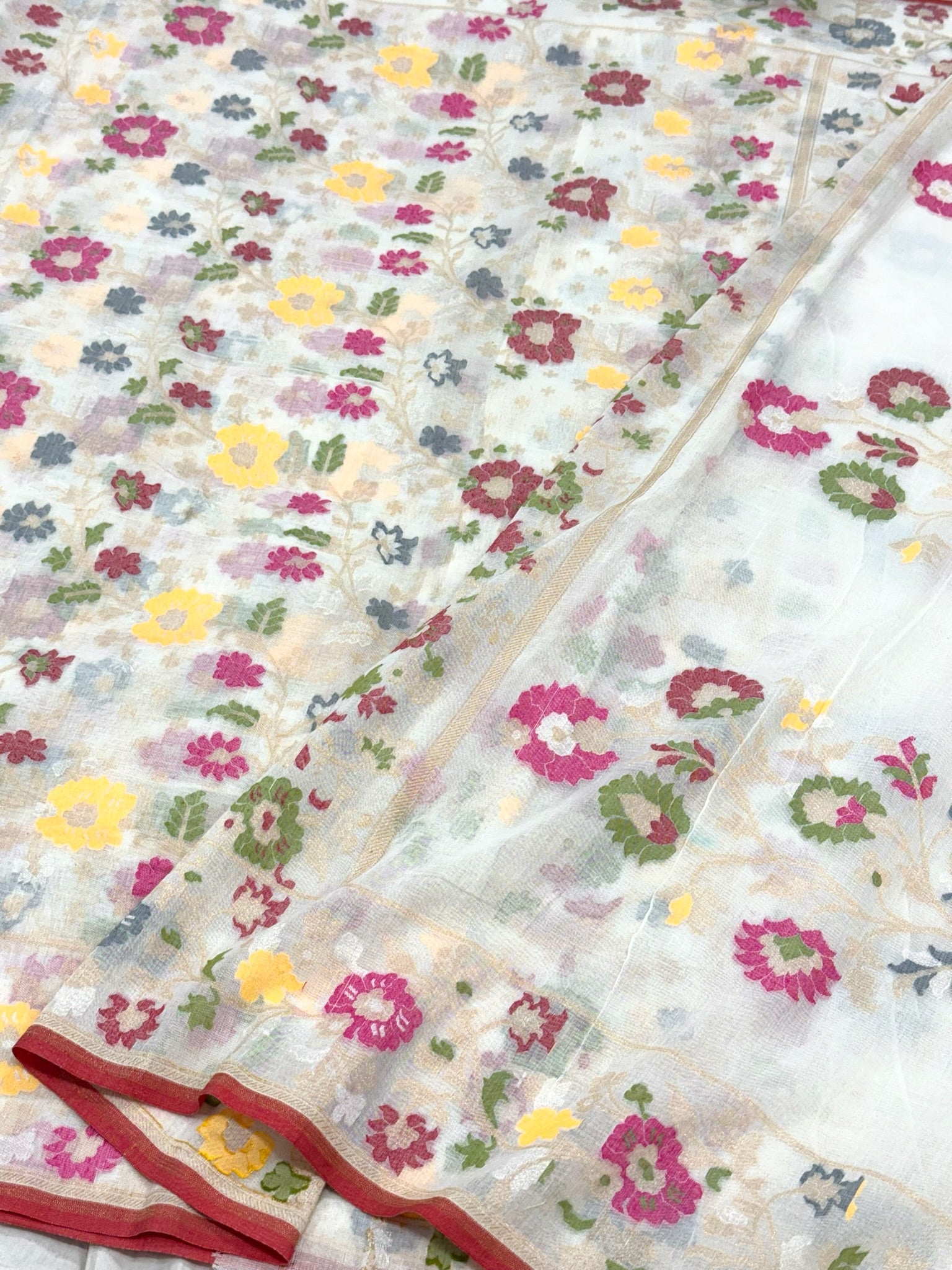 Pearl White Muslin Cotton Jamdani Ektara Weave Handloom Banarsi Saree