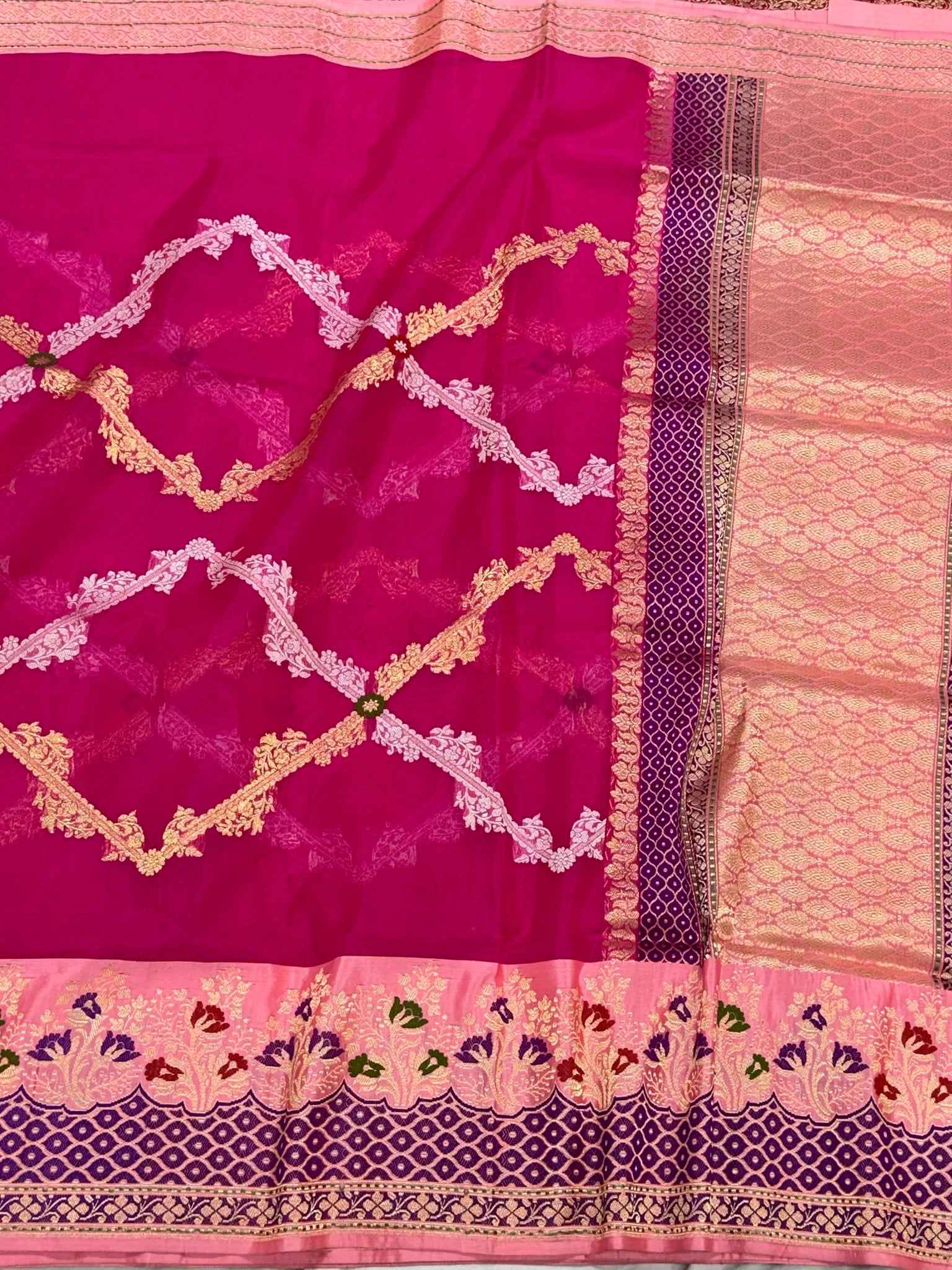 Rani Pink Pure Kora Silk Handwoven | Kadhwa Technique | Authentic Banarasi Saree