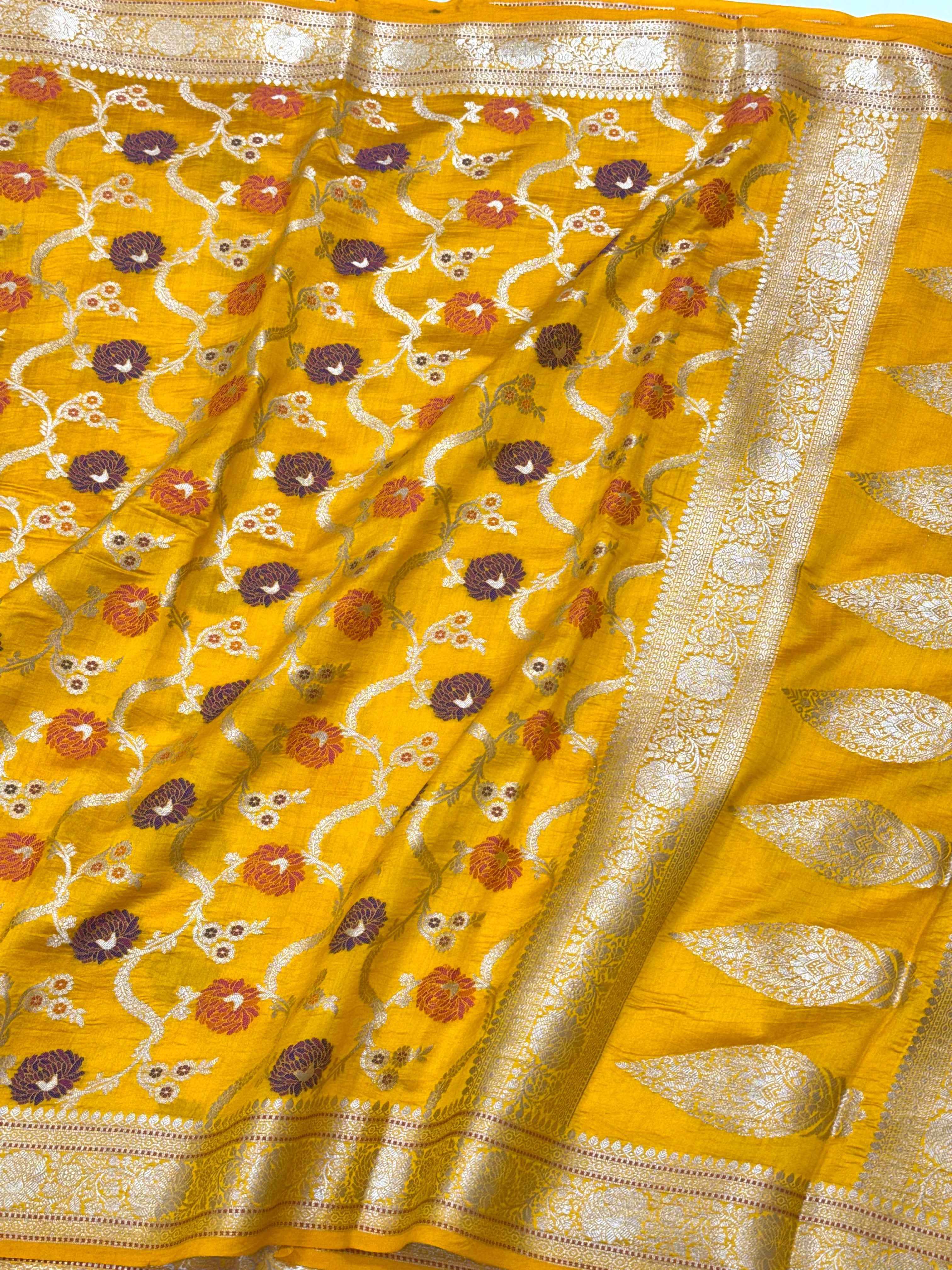 Yellow Pure Mulberry Chiniya Silk Meenakari Banarasi Saree- Lightweight