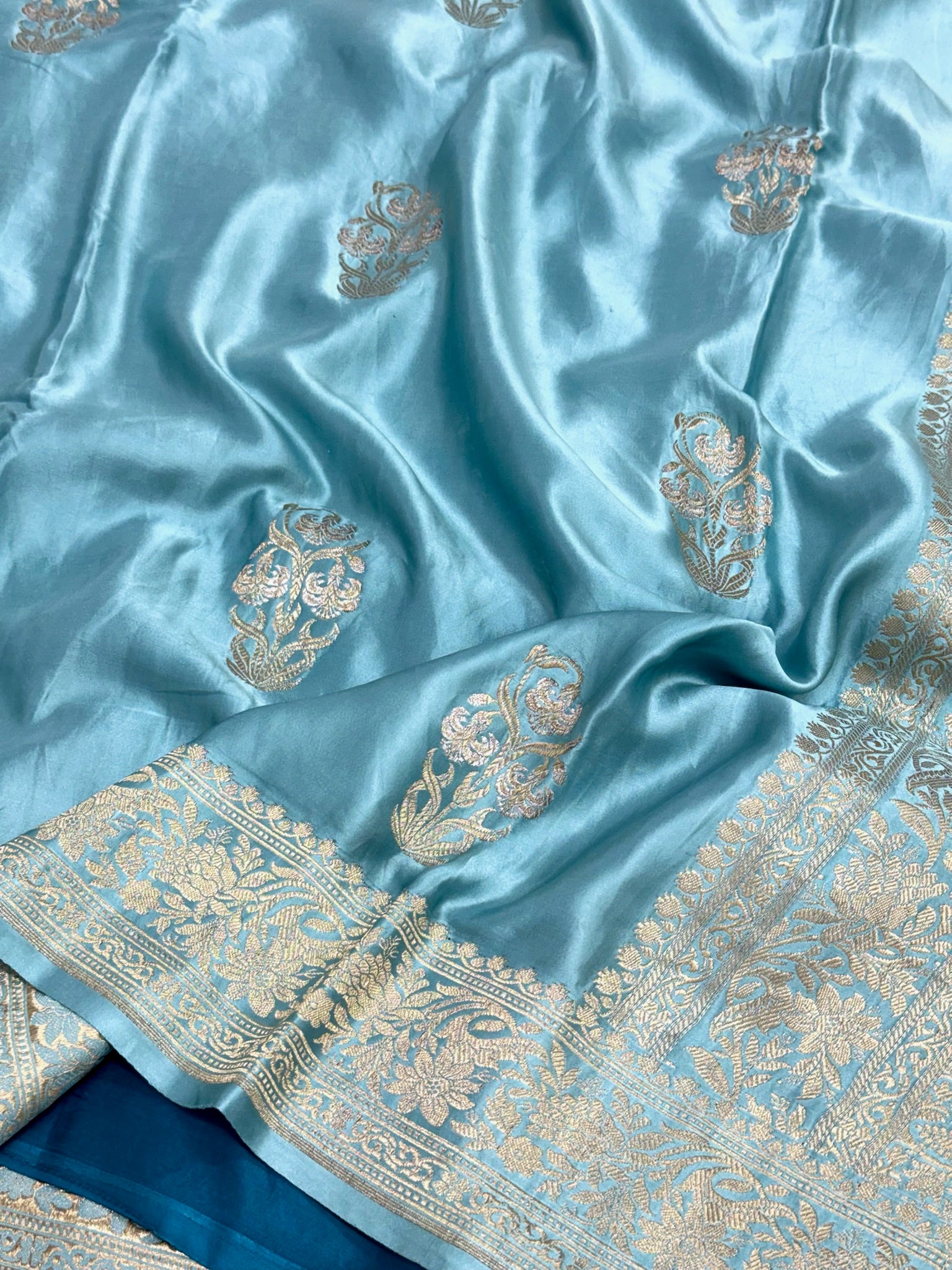 Sky Blue Pure Mashru Satin Silk Handwoven Banarasi Saree