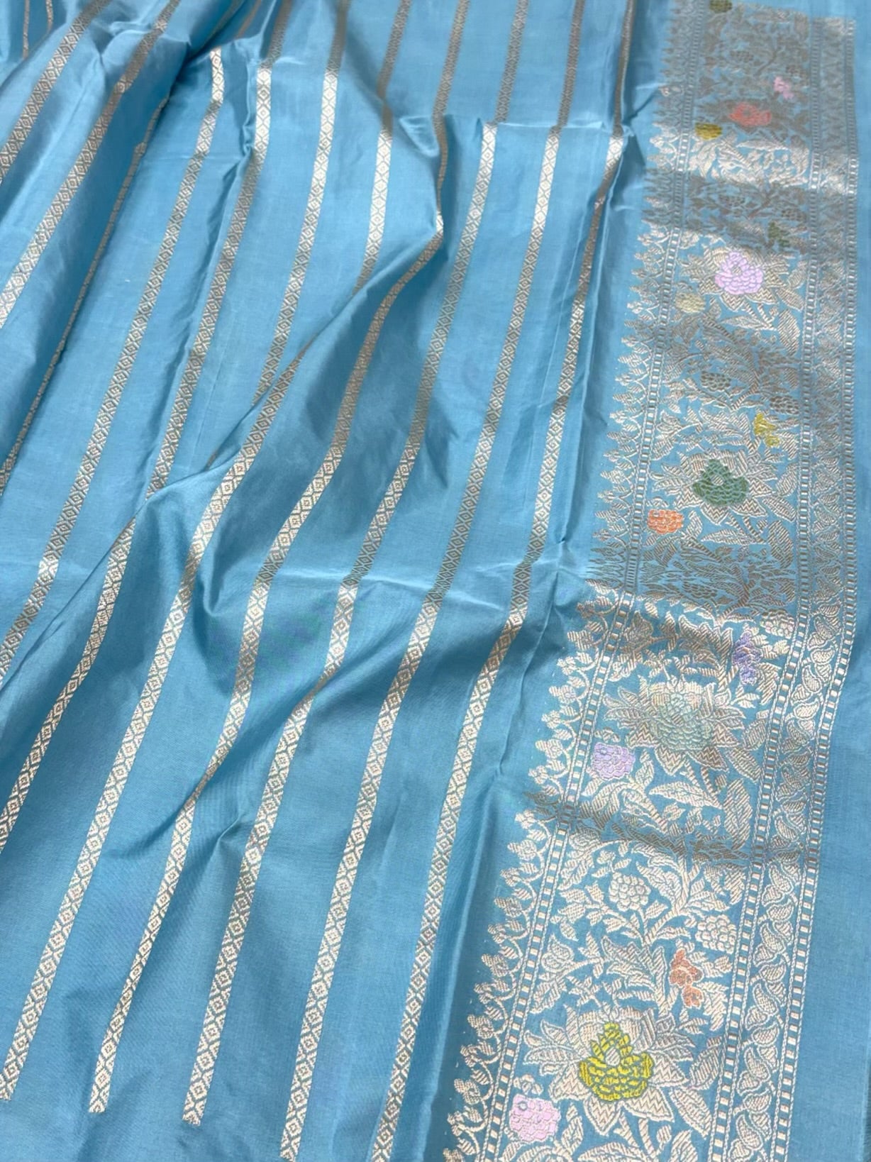 Sky Blue Pure Mulberry Double Katan Silk | Kadhwa Weave | Handwoven Premium Modern Banarasi Saree - Persian Jaal