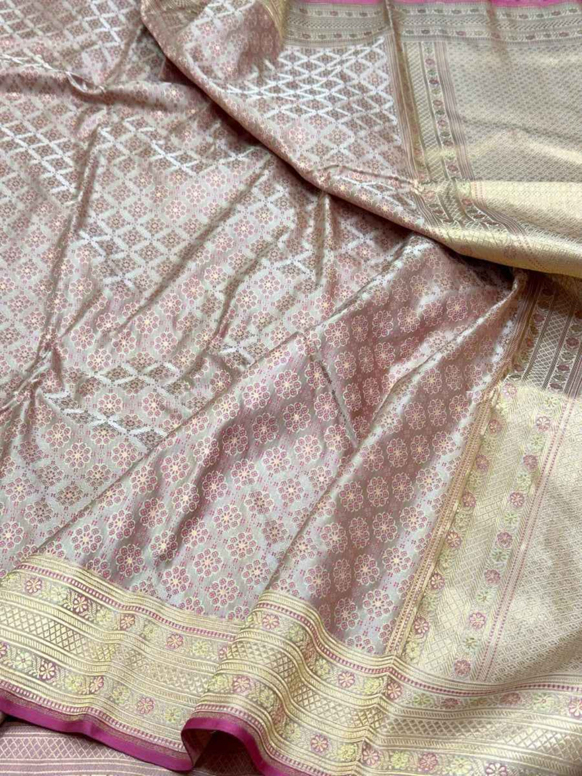 Beige Pure Satin Silk Handwoven Soft Drape Banarasi Saree