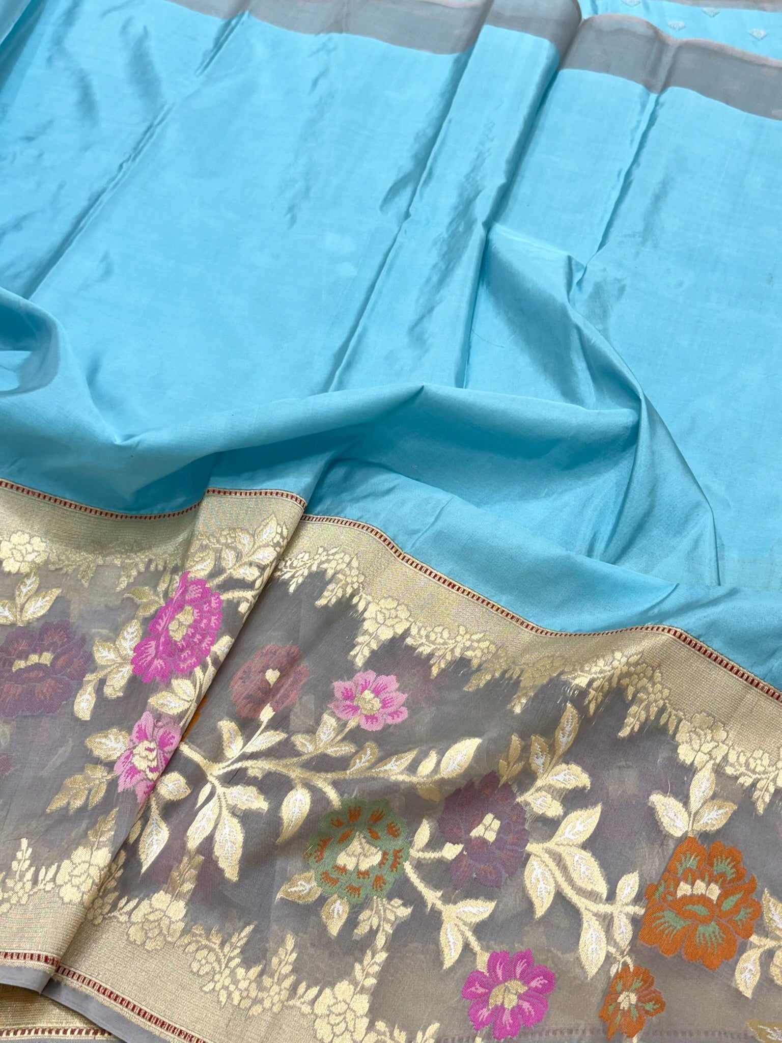 Light Blue Pure Katan Silk & Mulberry Silk Handwoven | Kadhwa Technique |Authentic Banarasi Modern Saree
