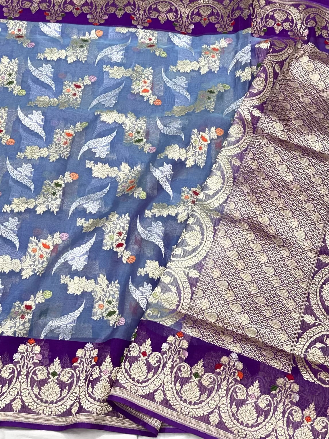 Blue Pure Kora Banarasi Silk Saree | Pure Mulberry Silk Handwoven Banarasi Saree - Kadhwa Weave