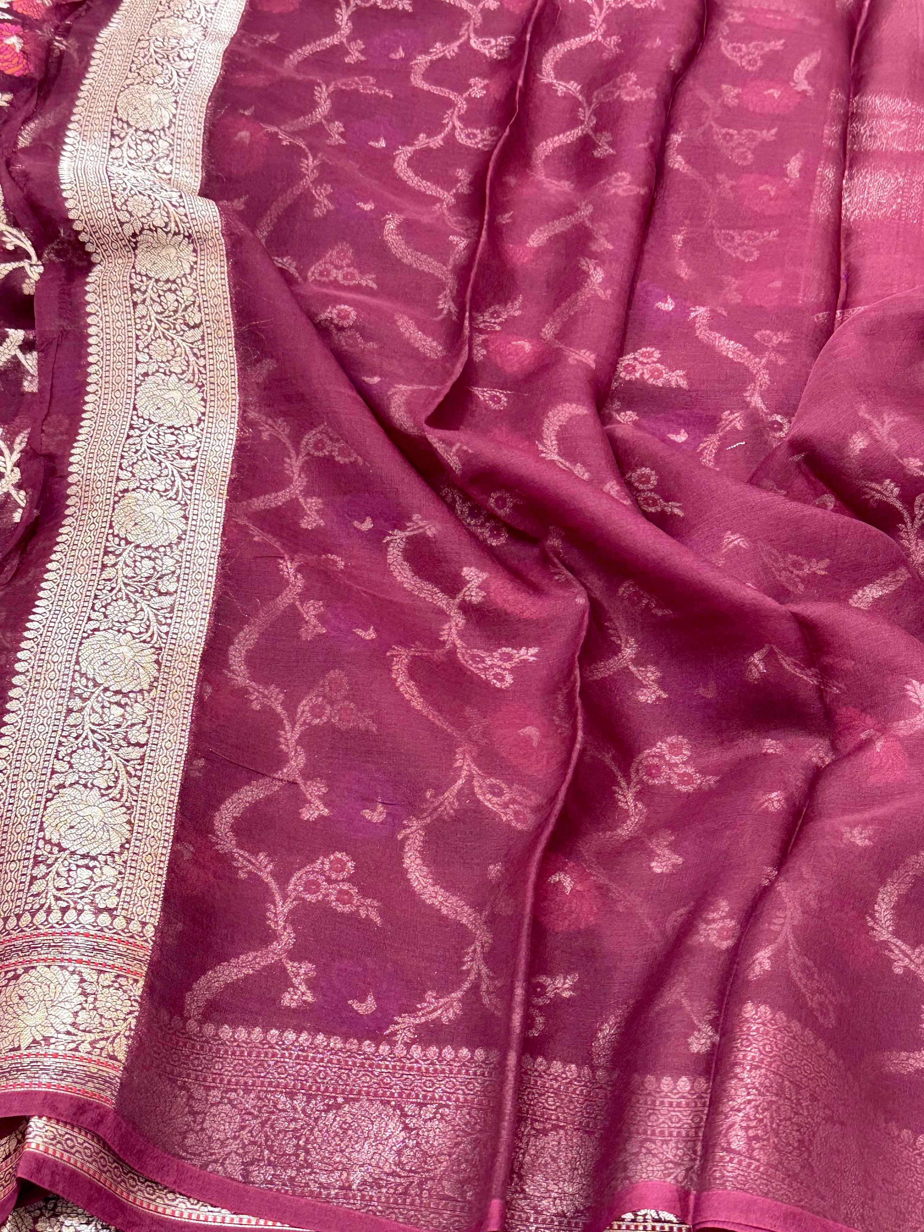 Wine Pure Kora Organza Silk Meenakari Banarasi Saree- Lightweight